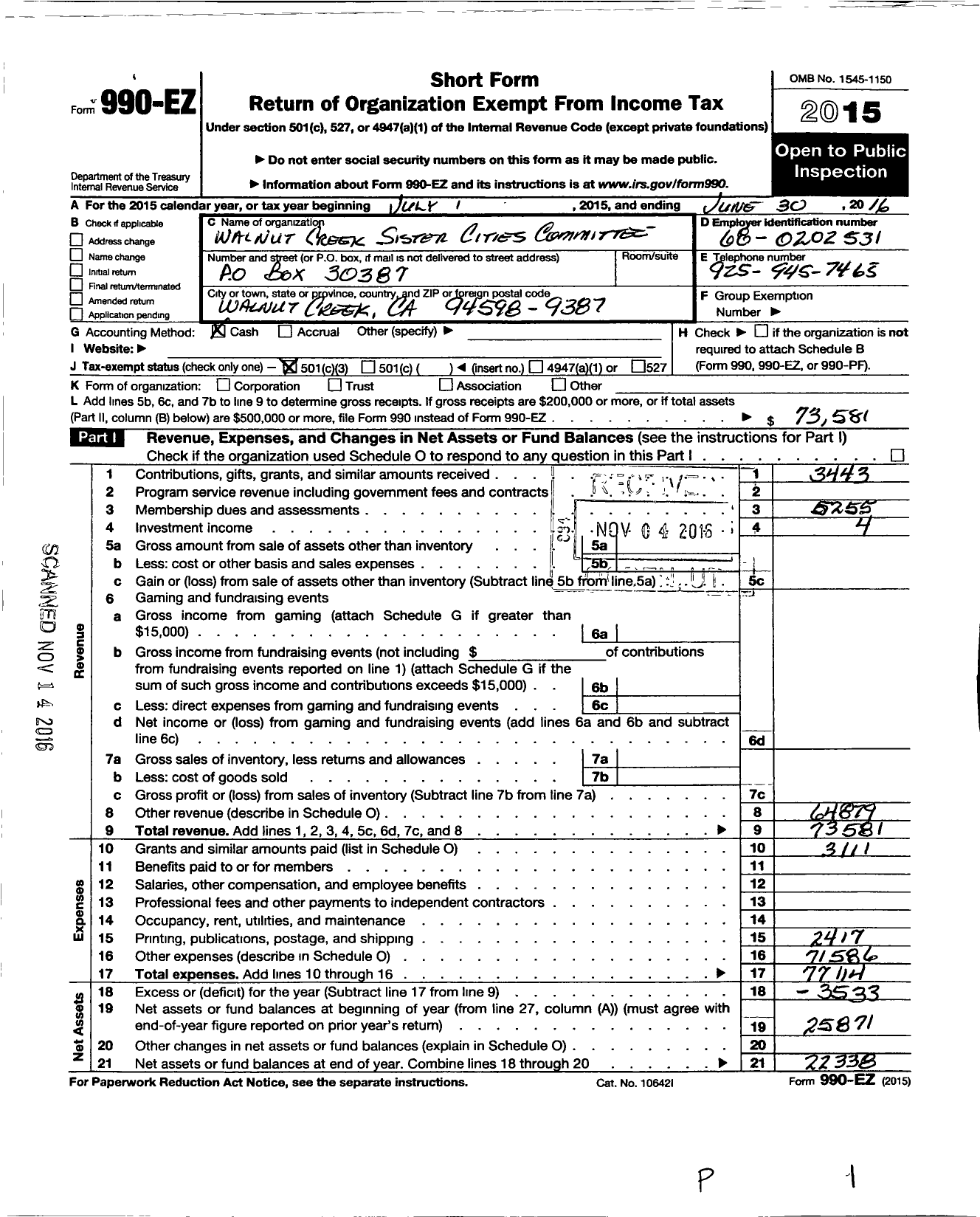 Image of first page of 2015 Form 990EZ for Walnut Creek Sister City Committee