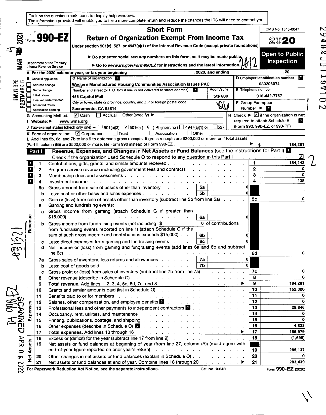 Image of first page of 2020 Form 990EO for Western Manufactured Housing Communities Association Issues PAC