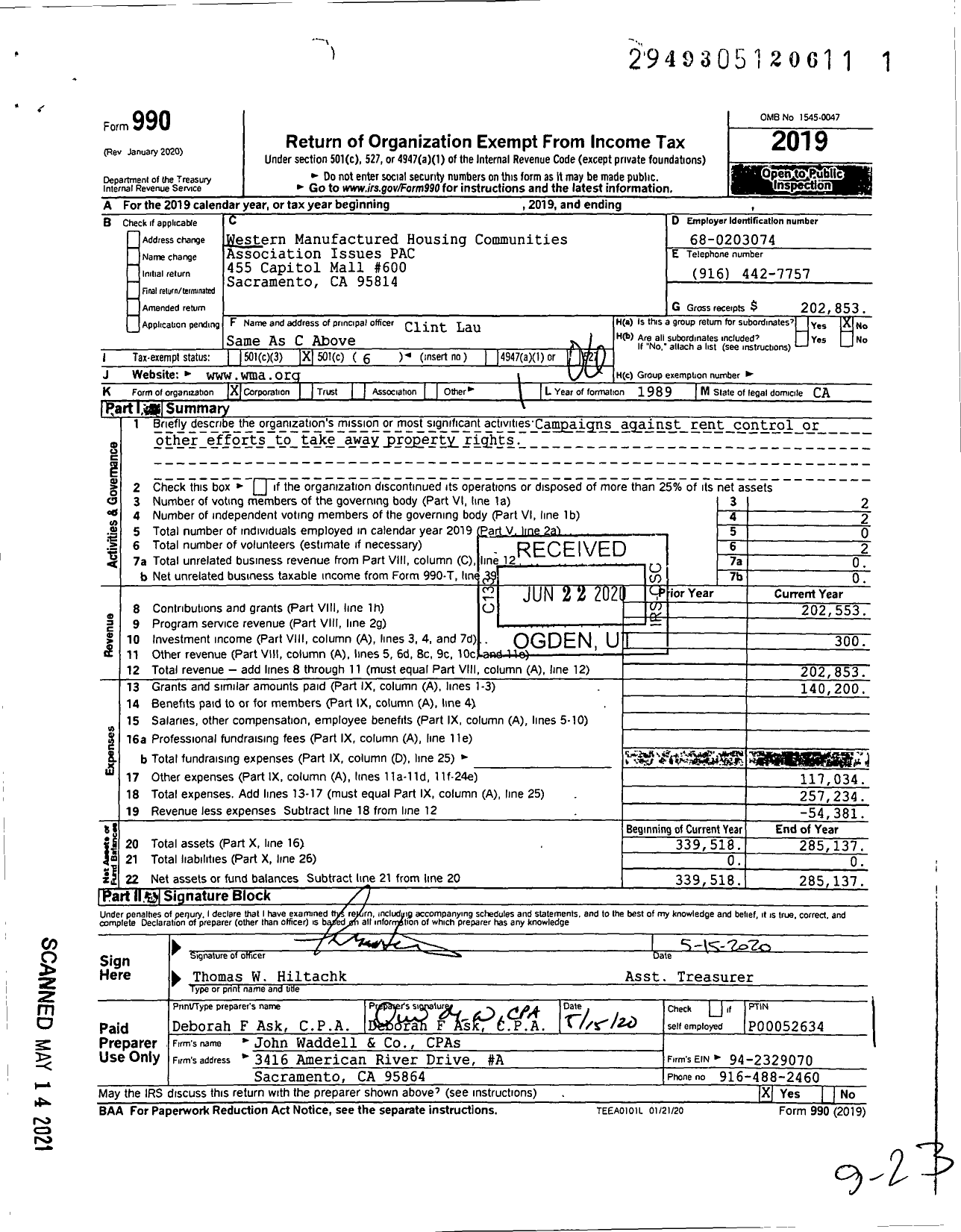 Image of first page of 2019 Form 990O for Western Manufactured Housing Communities Association Issues PAC