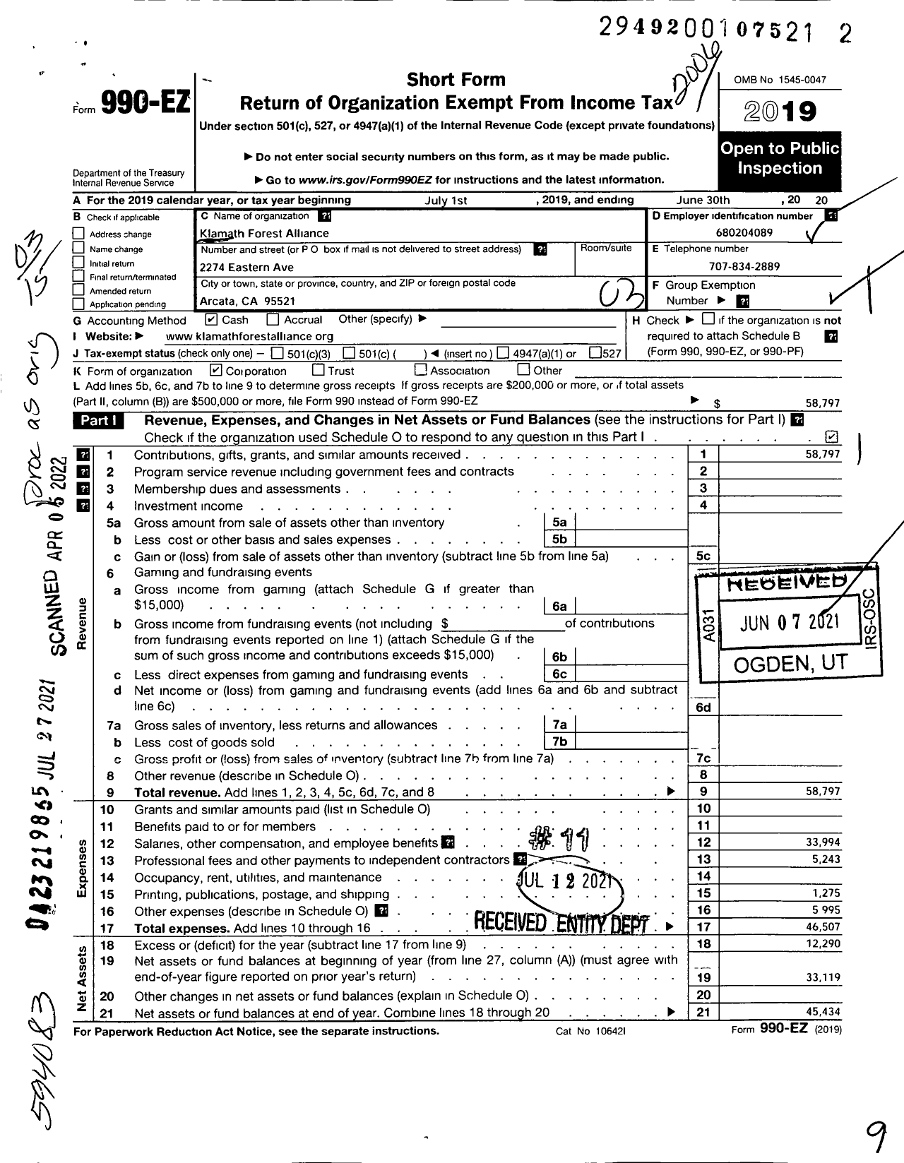 Image of first page of 2019 Form 990EZ for Klamath Forest Alliance