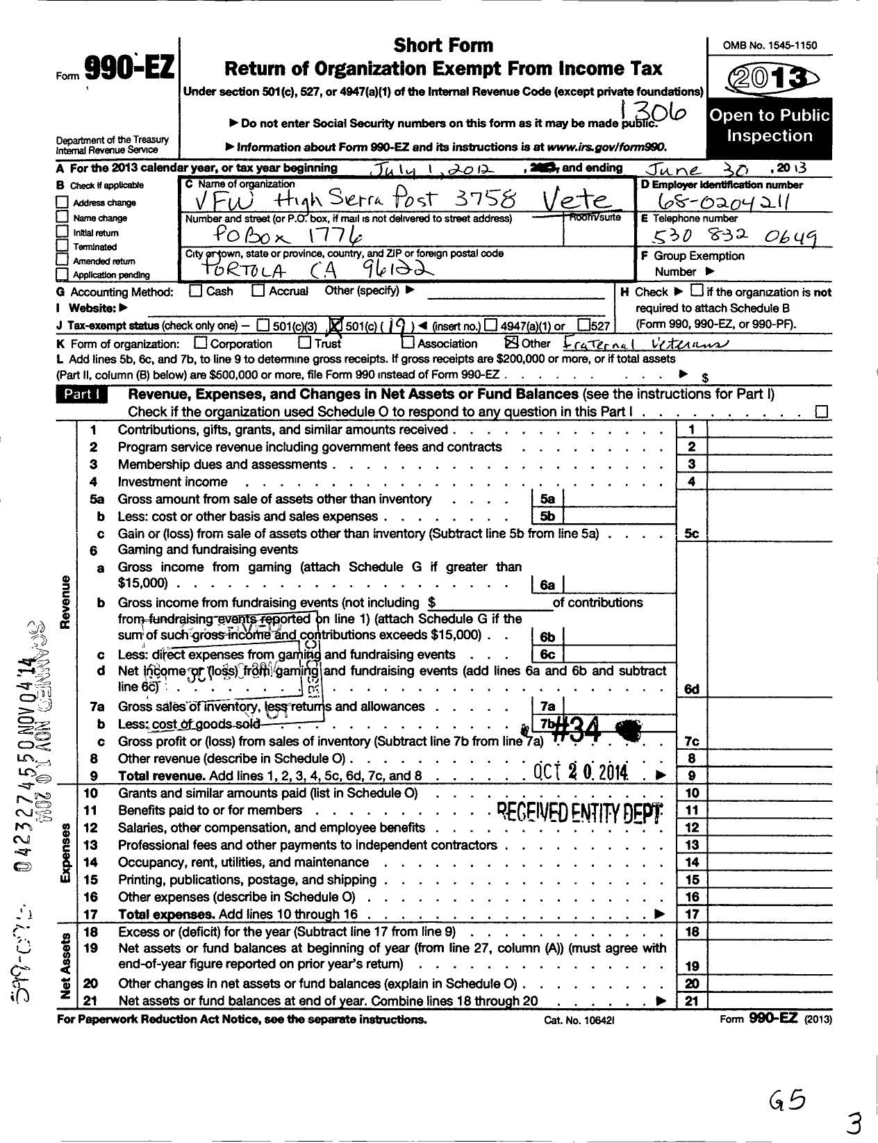 Image of first page of 2012 Form 990EO for VFW California Department - 3758 High Sierras