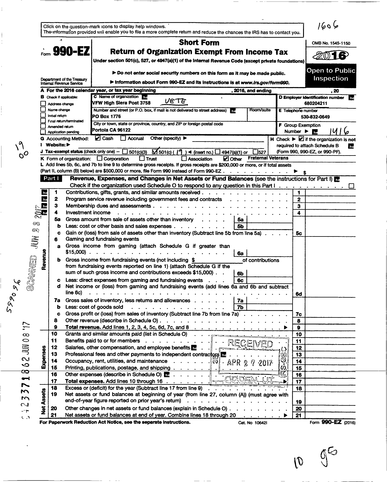 Image of first page of 2015 Form 990EO for VFW California Department - 3758 High Sierras