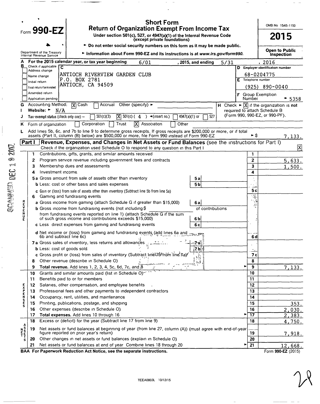 Image of first page of 2015 Form 990EO for Diablo Foothills District of Ca Garden Clubs / Antioch Riverview Garden Club