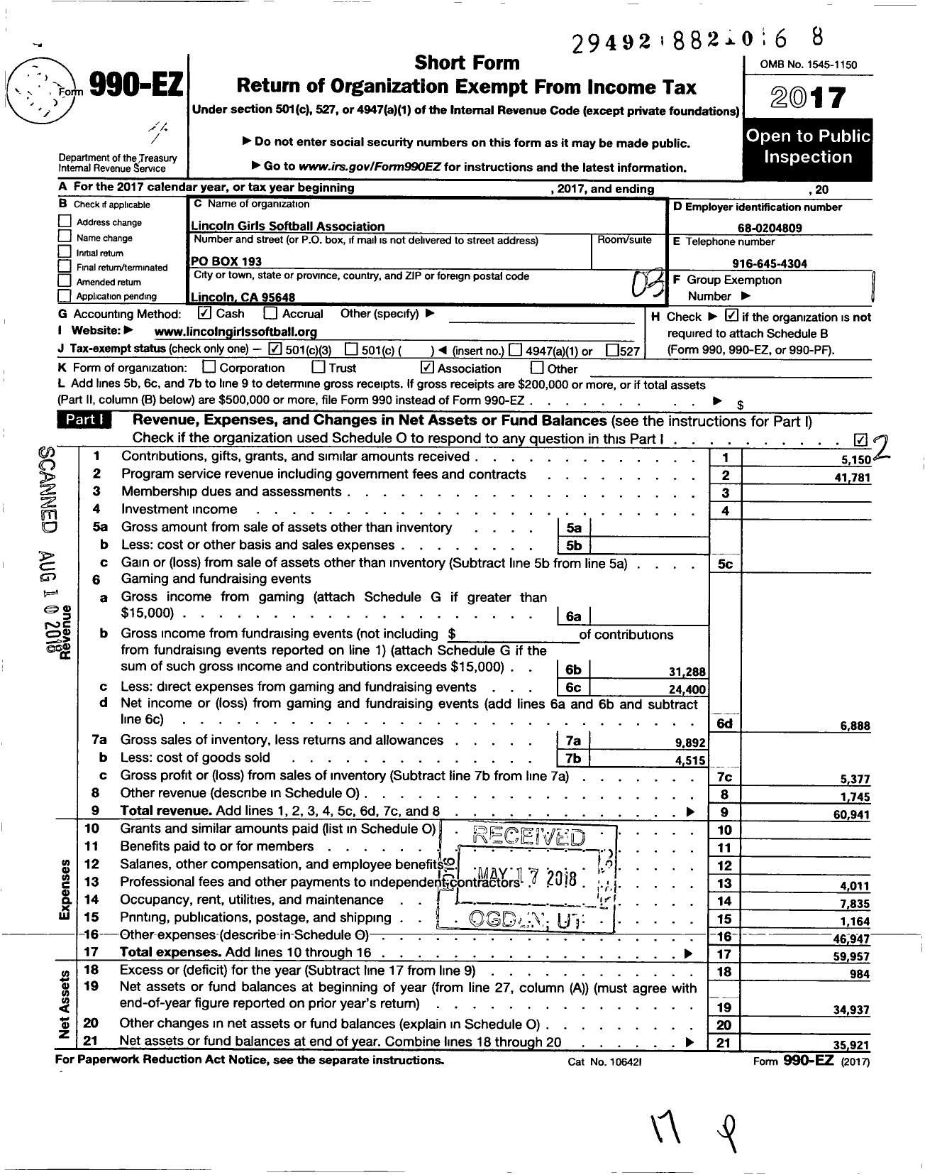 Image of first page of 2017 Form 990EZ for Lincoln Girls Softball Association