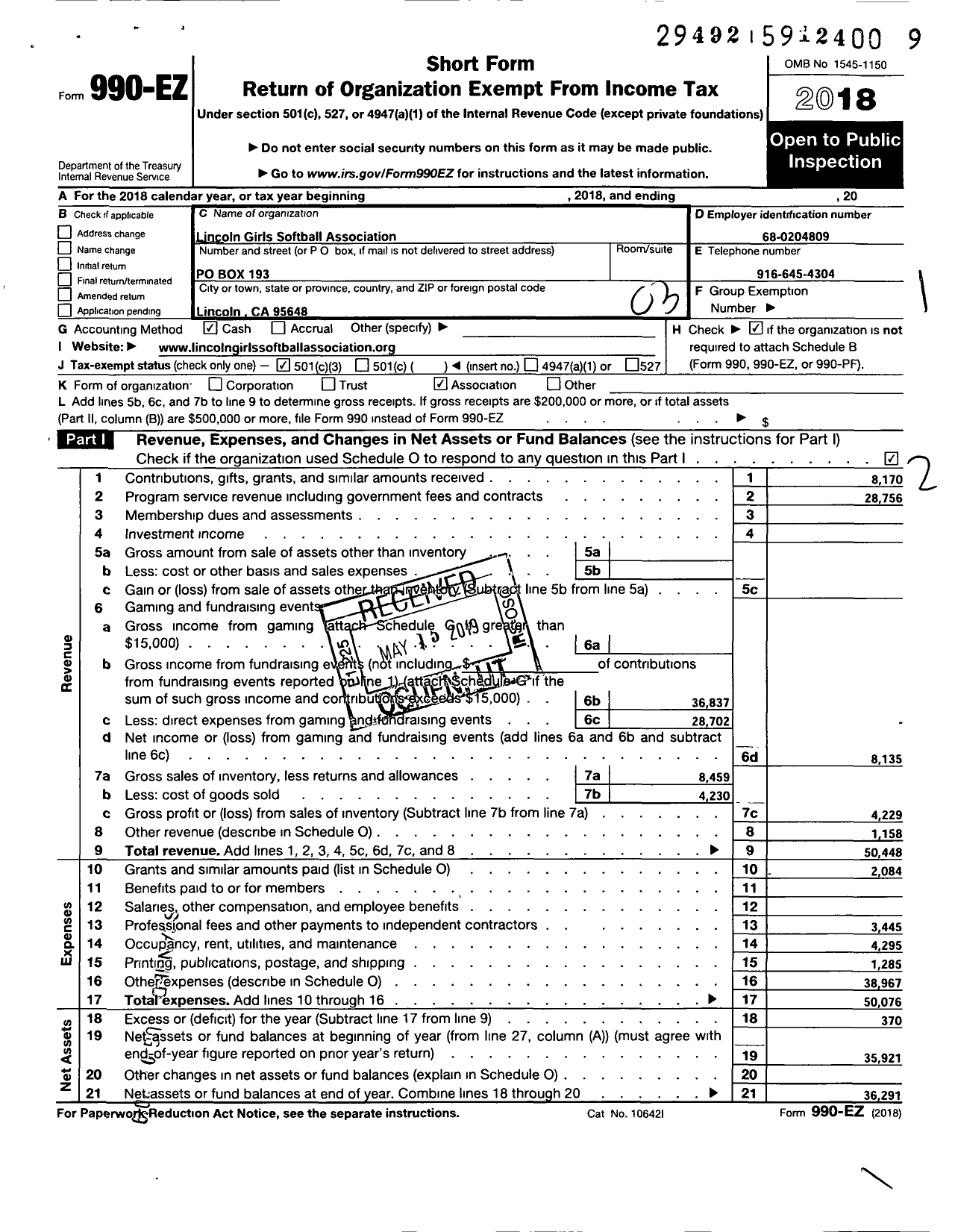 Image of first page of 2018 Form 990EZ for Lincoln Girls Softball Association