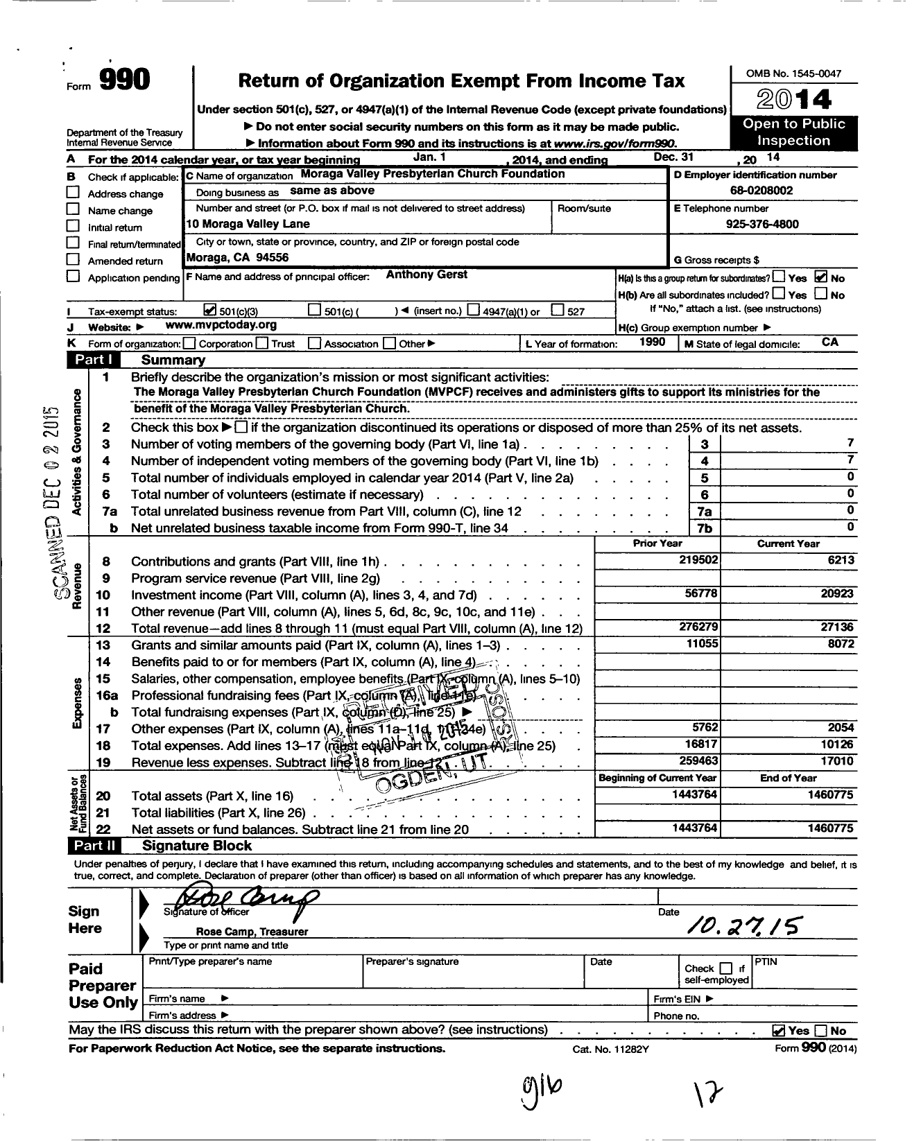 Image of first page of 2014 Form 990 for Moraga Valley Presbyterian Church Foundation