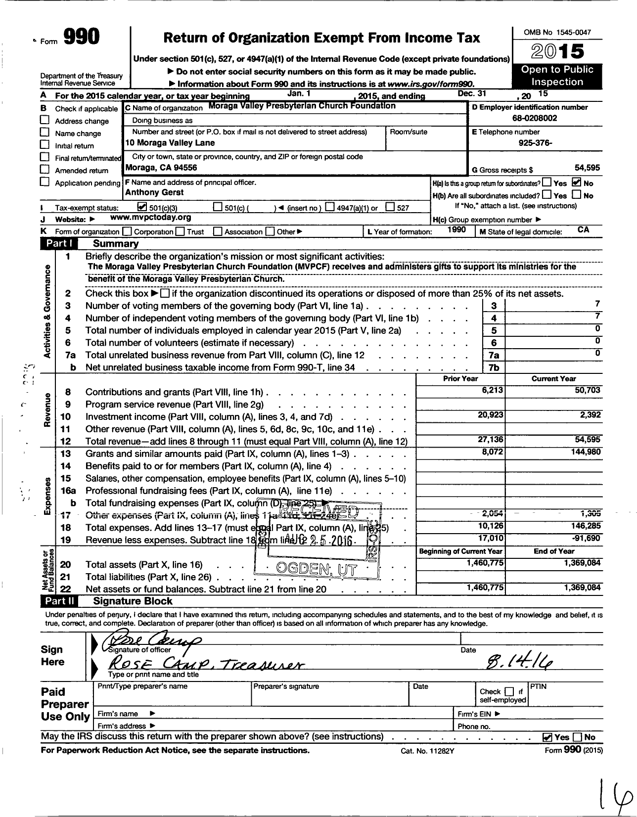 Image of first page of 2015 Form 990 for Moraga Valley Presbyterian Church Foundation