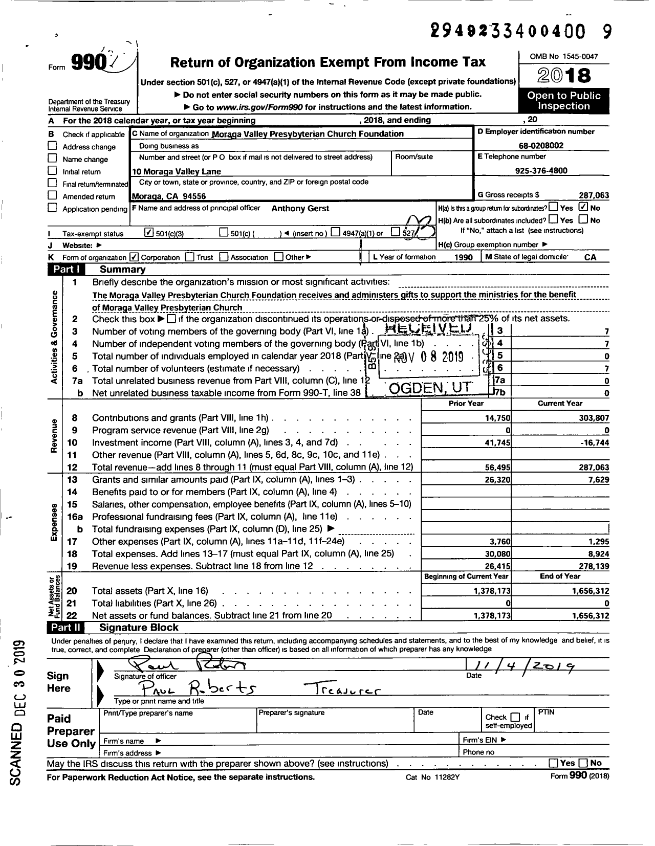 Image of first page of 2018 Form 990 for Moraga Valley Presbyterian Church Foundation