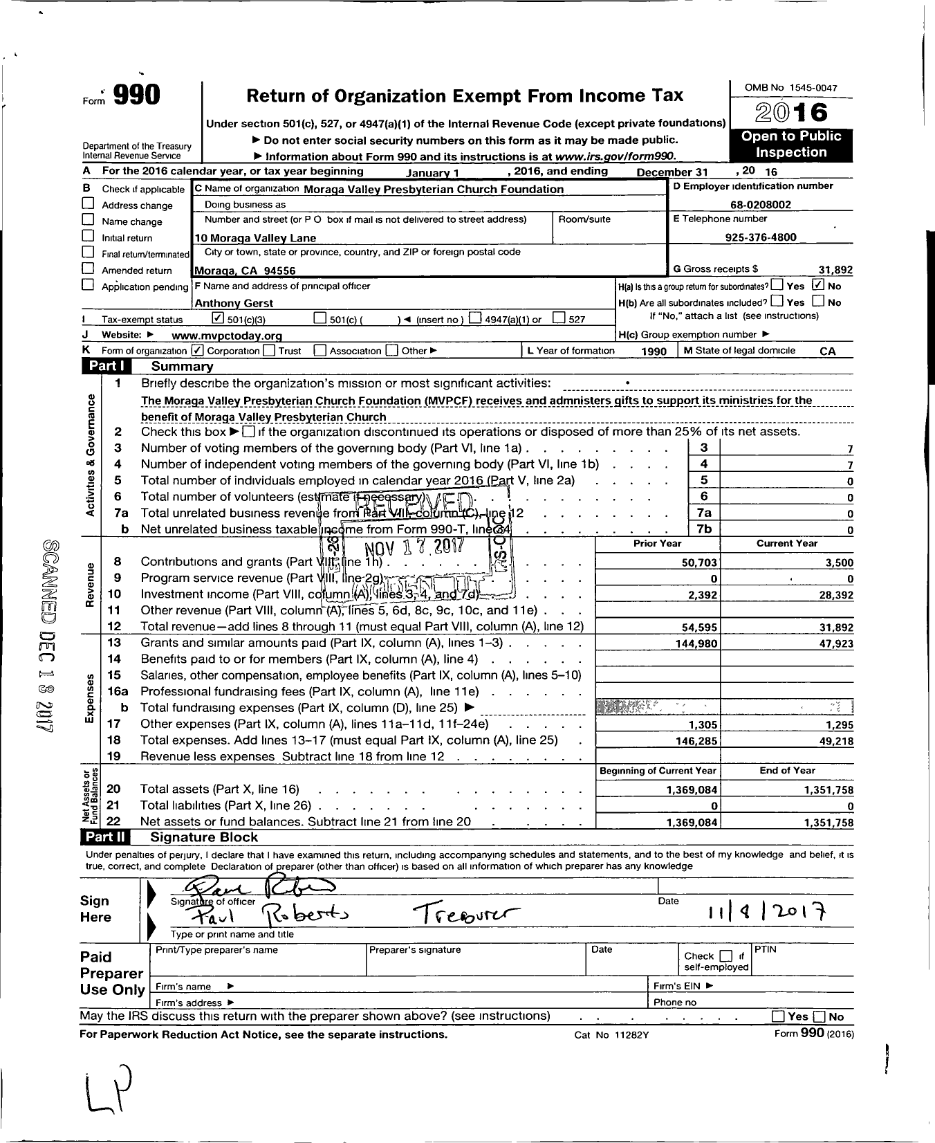 Image of first page of 2016 Form 990 for Moraga Valley Presbyterian Church Foundation