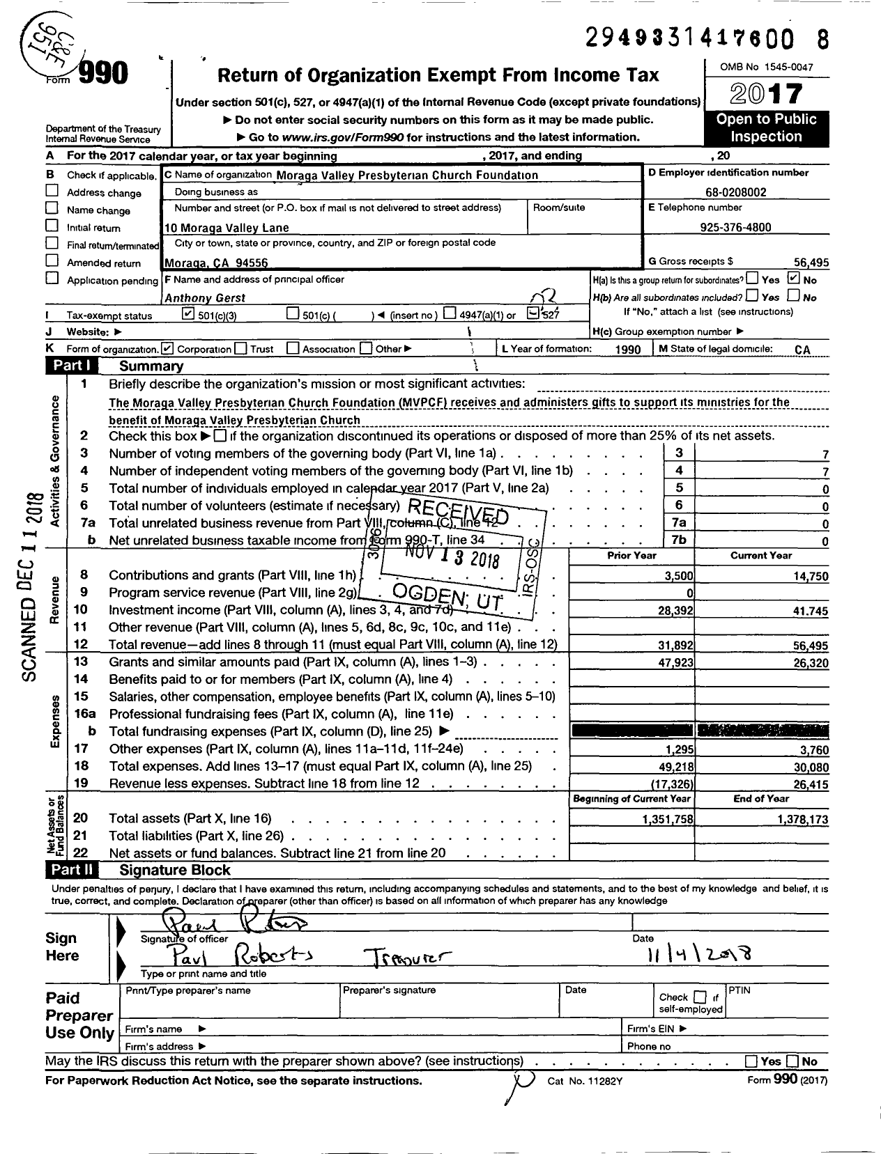 Image of first page of 2017 Form 990 for Moraga Valley Presbyterian Church Foundation