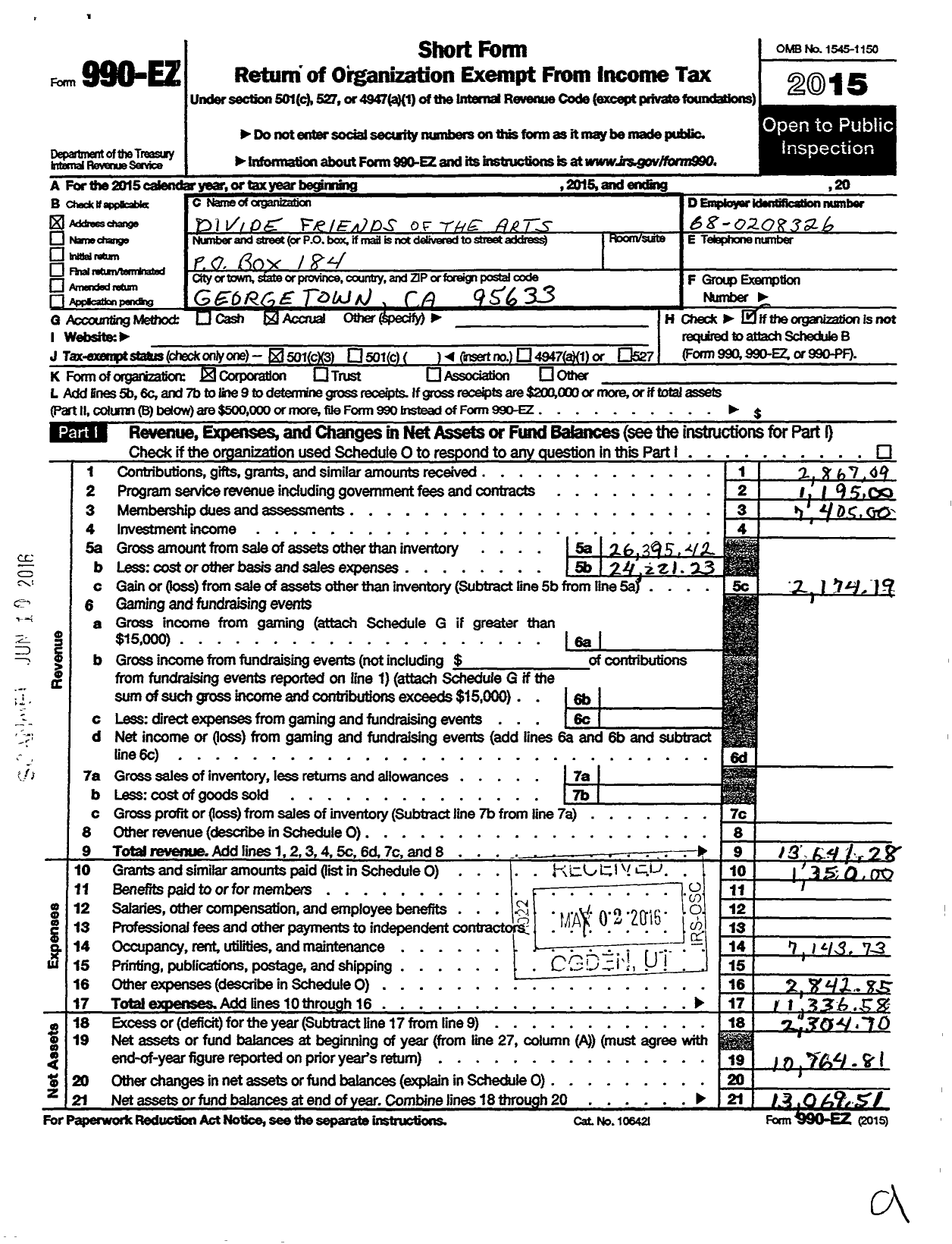 Image of first page of 2015 Form 990EZ for Divide Friends of the Arts