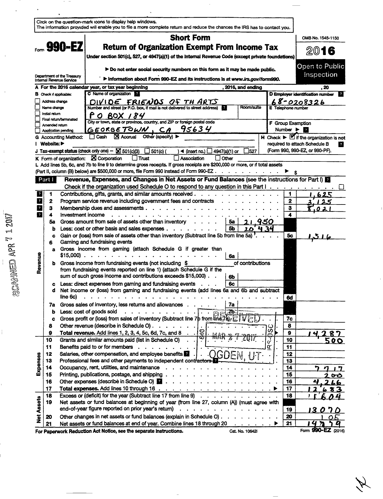 Image of first page of 2016 Form 990EZ for Divide Friends of the Arts