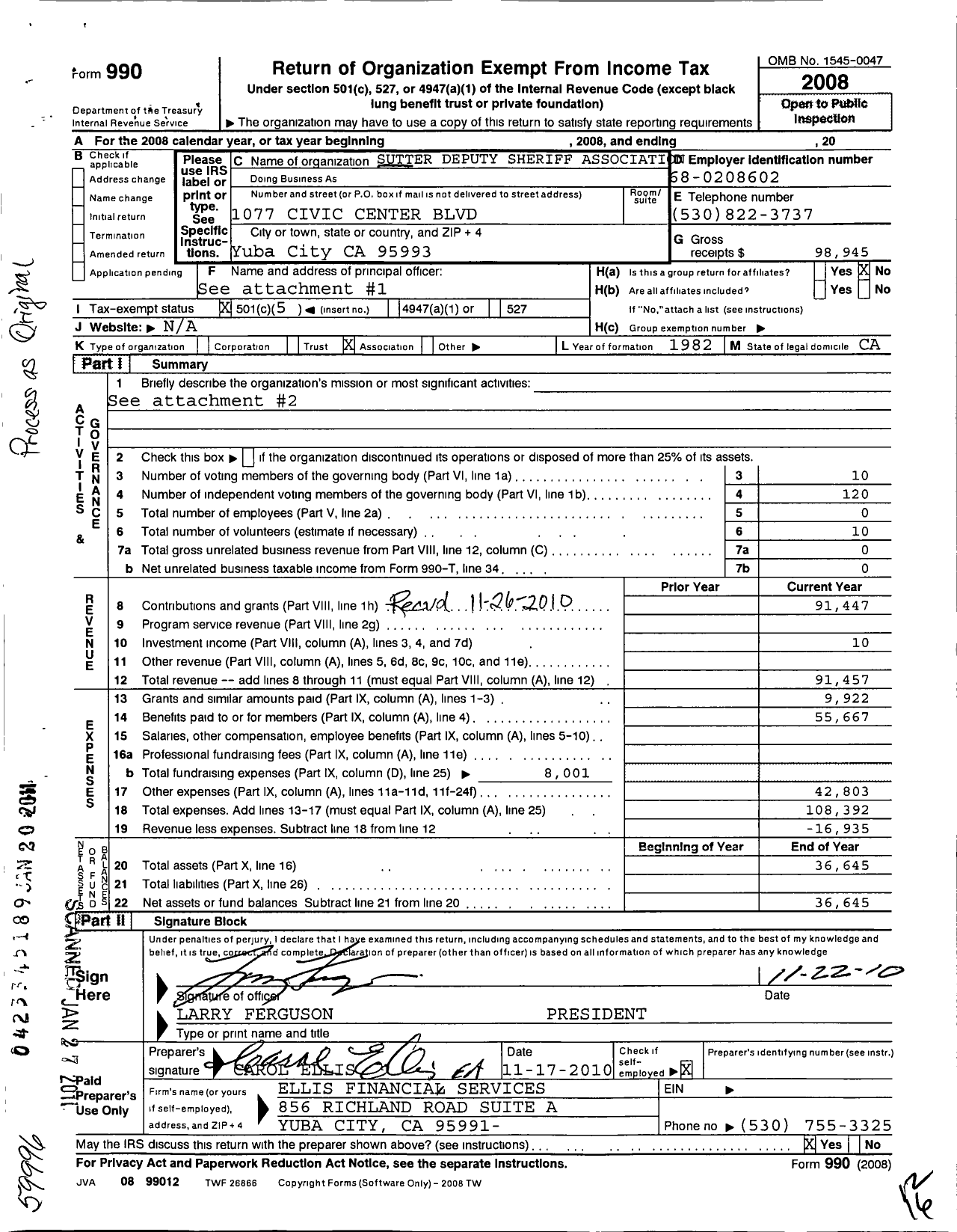 Image of first page of 2008 Form 990O for Sutter County Deputy Sheriffs Association