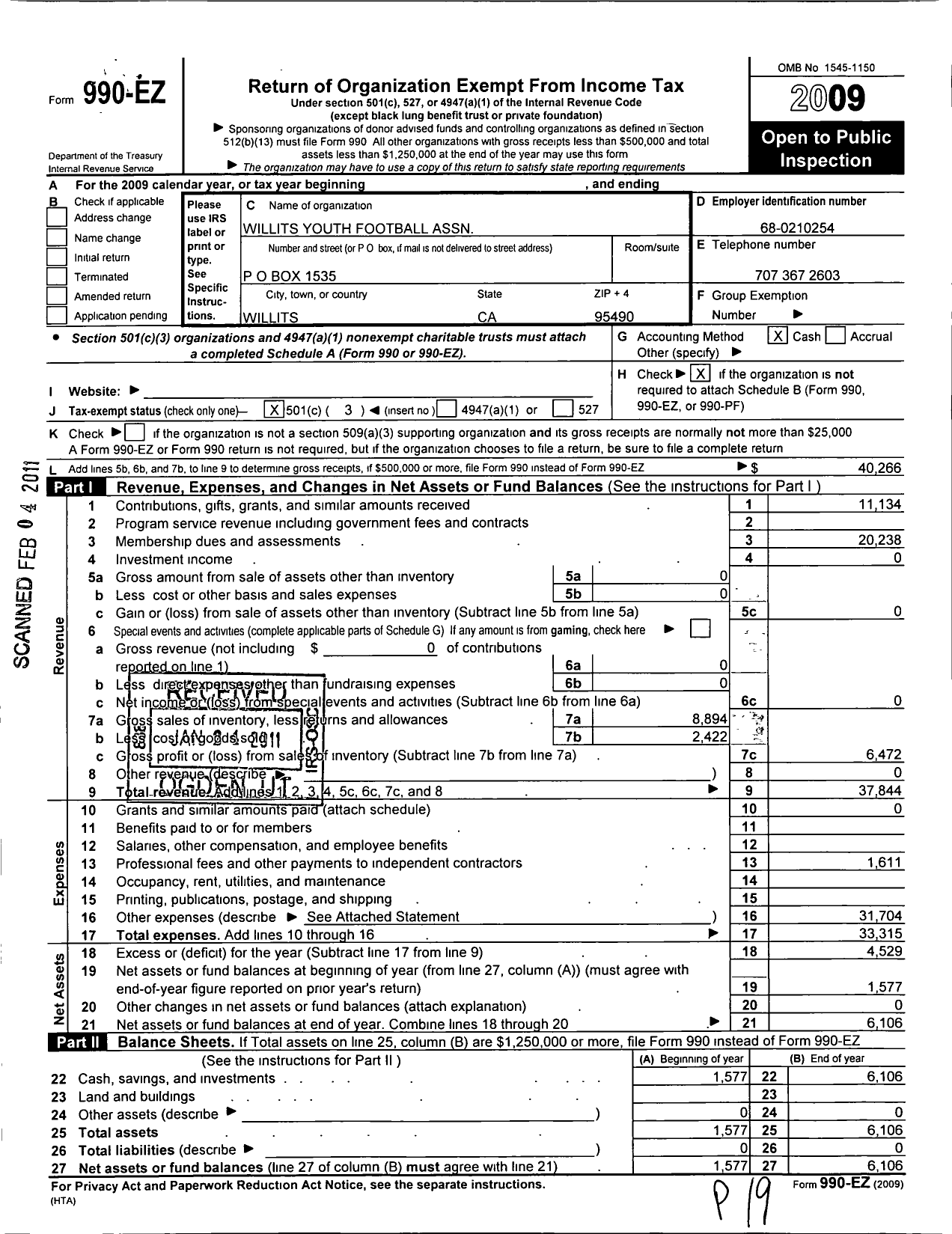 Image of first page of 2009 Form 990EZ for Willits Youth Football Association