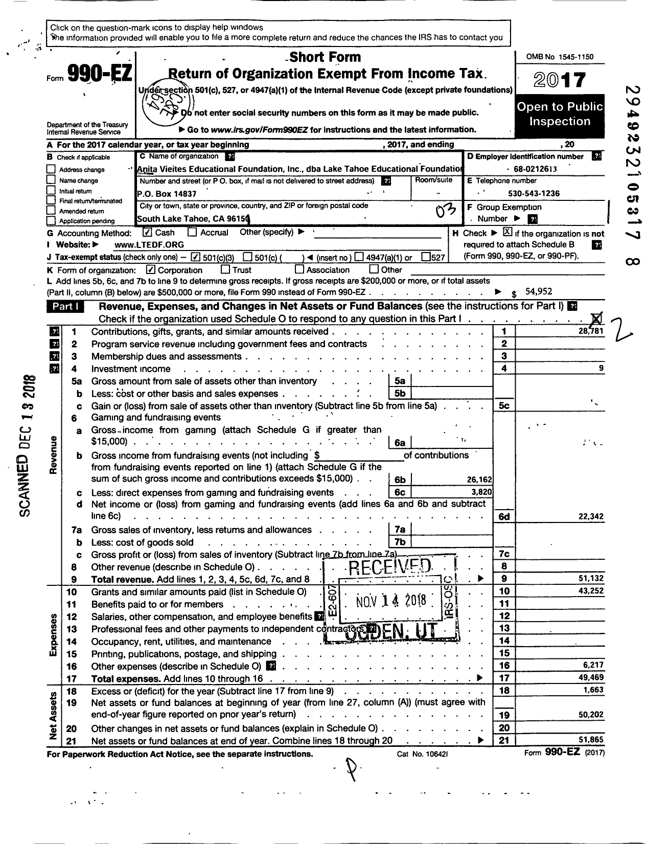 Image of first page of 2017 Form 990EZ for Lake Tahoe Educational Foundation
