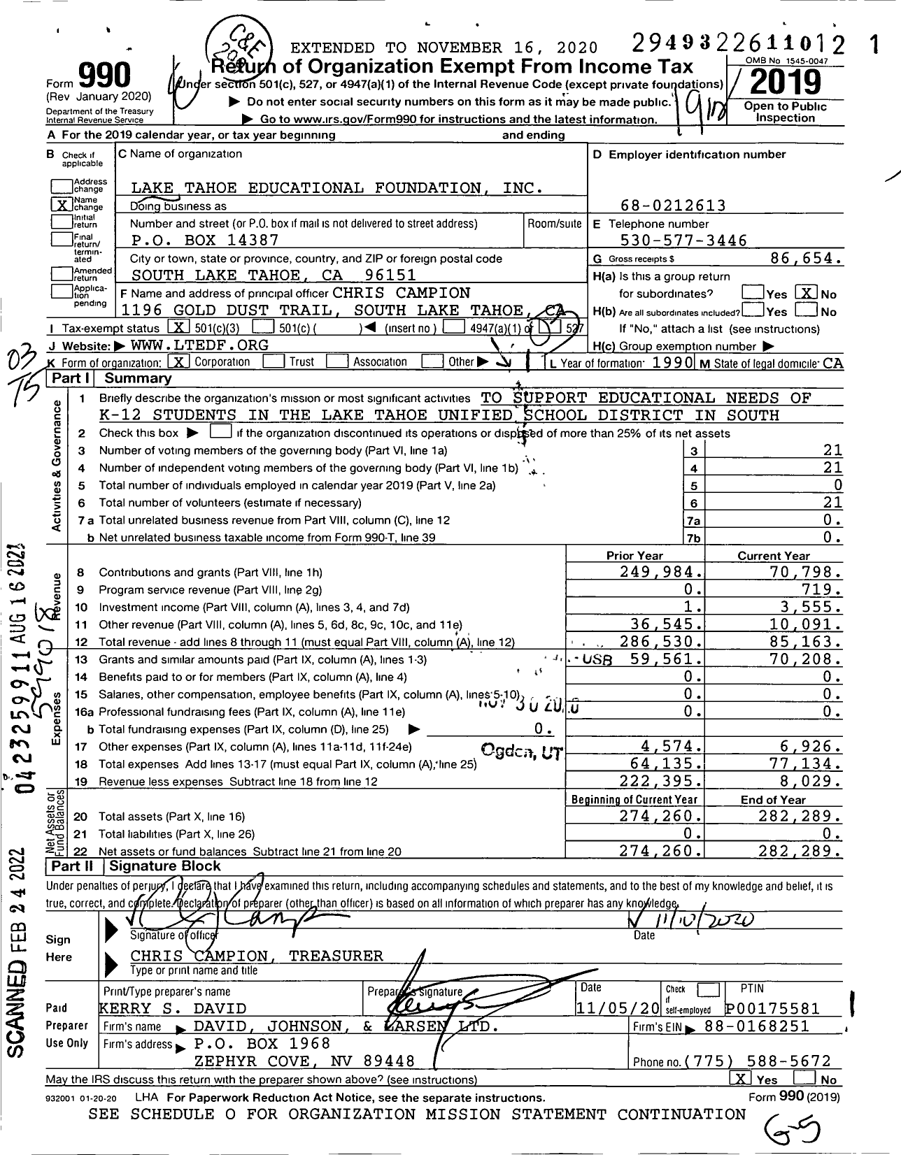 Image of first page of 2019 Form 990 for Lake Tahoe Educational Foundation