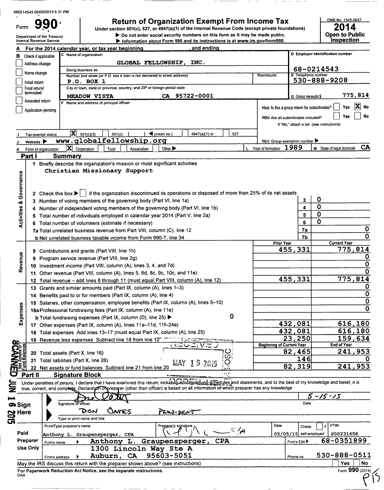 Image of first page of 2014 Form 990 for Global Fellowship