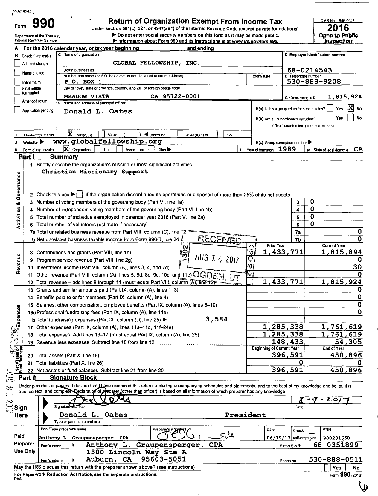 Image of first page of 2016 Form 990 for Global Fellowship