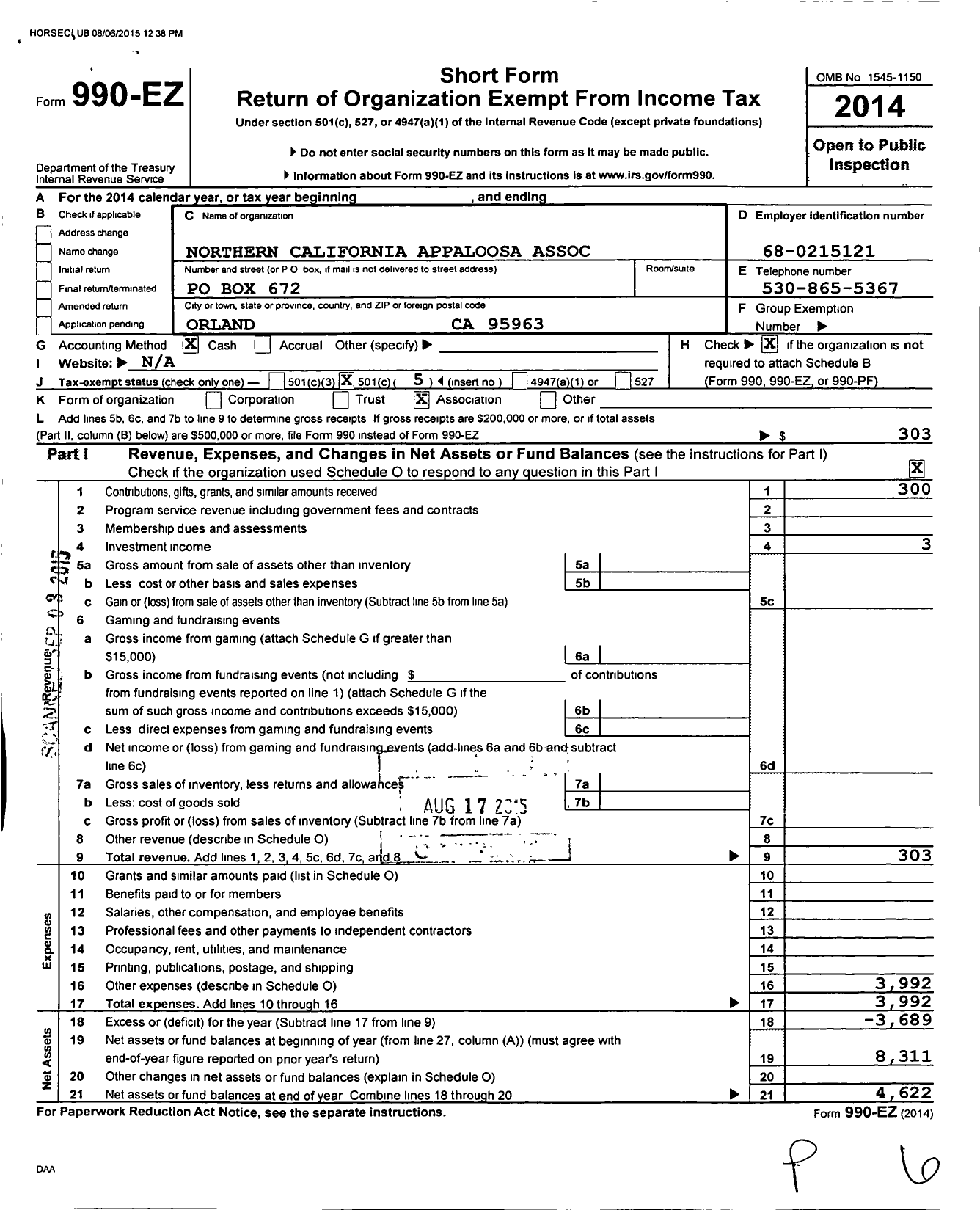 Image of first page of 2014 Form 990EO for Northern-Cal Appaloosa Association