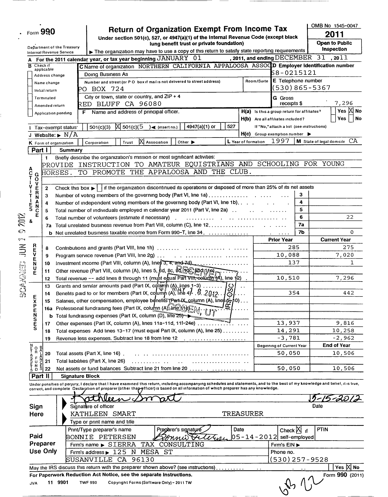 Image of first page of 2011 Form 990O for Northern-Cal Appaloosa Association