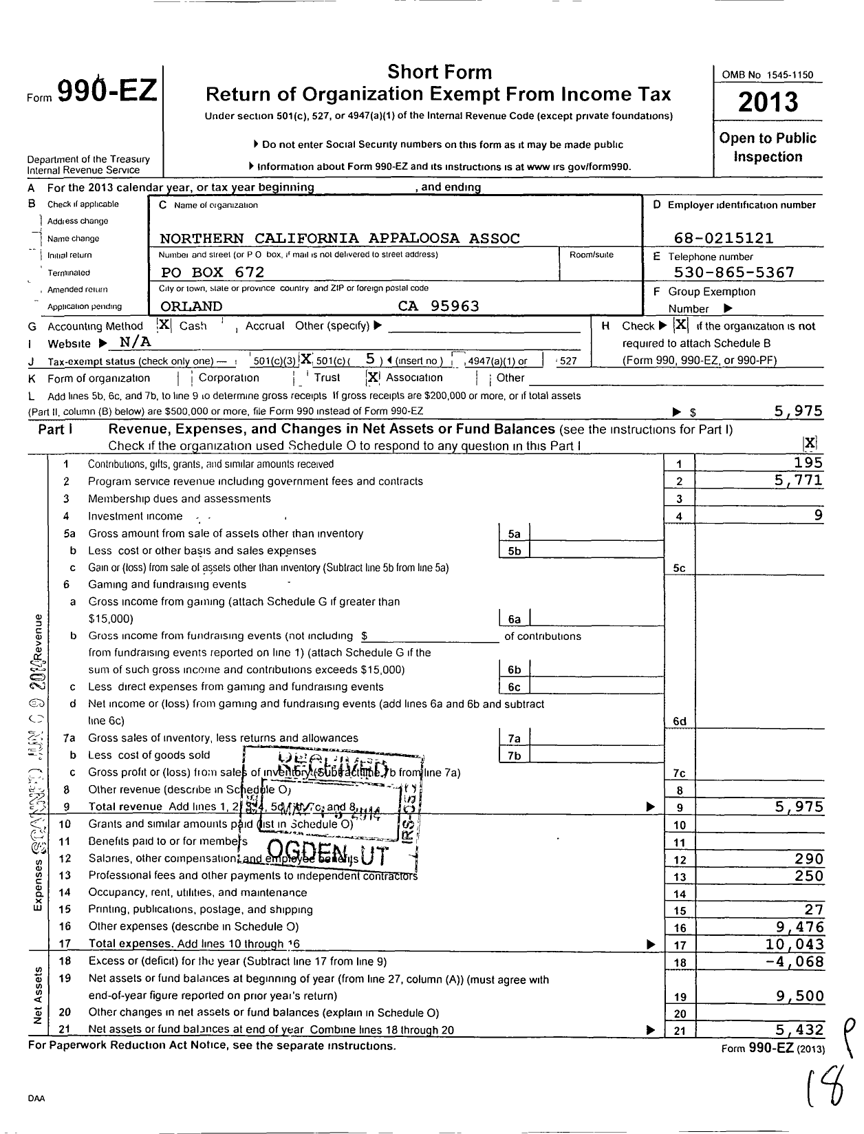 Image of first page of 2013 Form 990EO for Northern-Cal Appaloosa Association