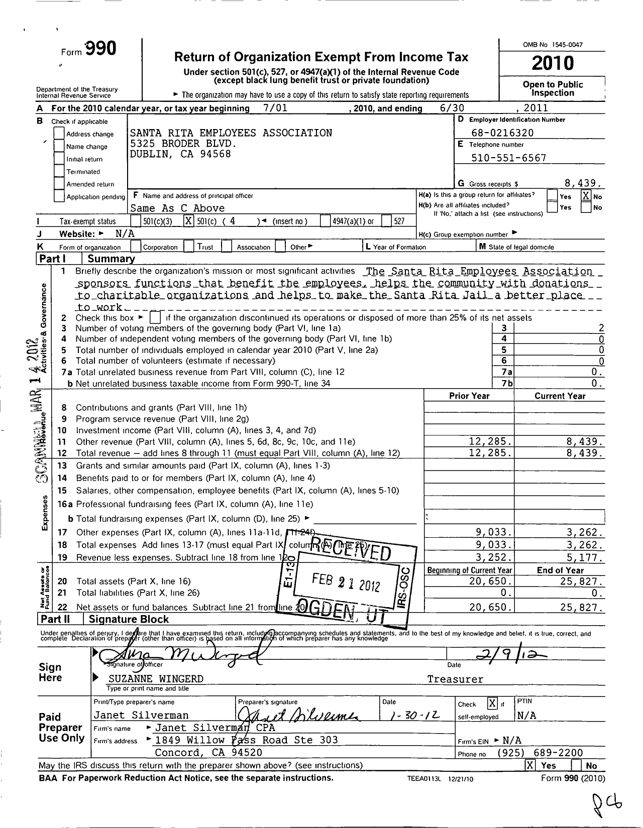 Image of first page of 2010 Form 990O for Santa Rita Employees Association