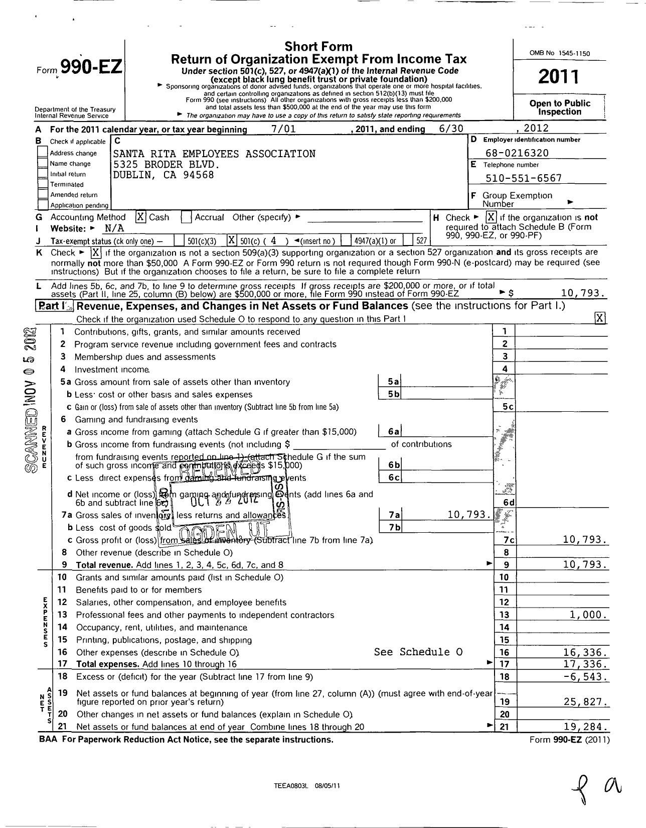 Image of first page of 2011 Form 990EO for Santa Rita Employees Association