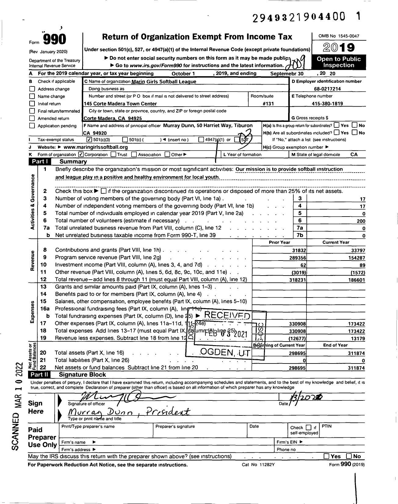 Image of first page of 2019 Form 990 for Marin Girls Softball League