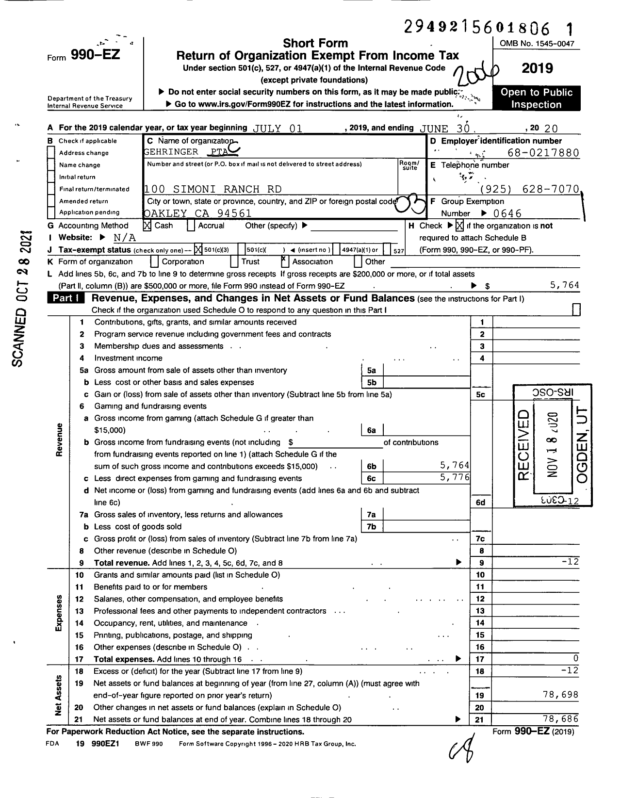 Image of first page of 2019 Form 990EZ for California State PTA - Gehringer Elementary PTA