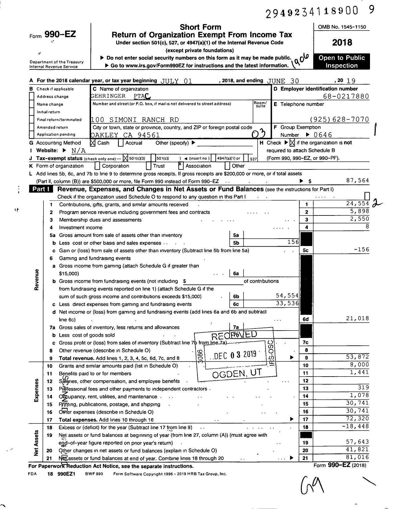 Image of first page of 2018 Form 990EZ for California State PTA - Gehringer Elementary PTA