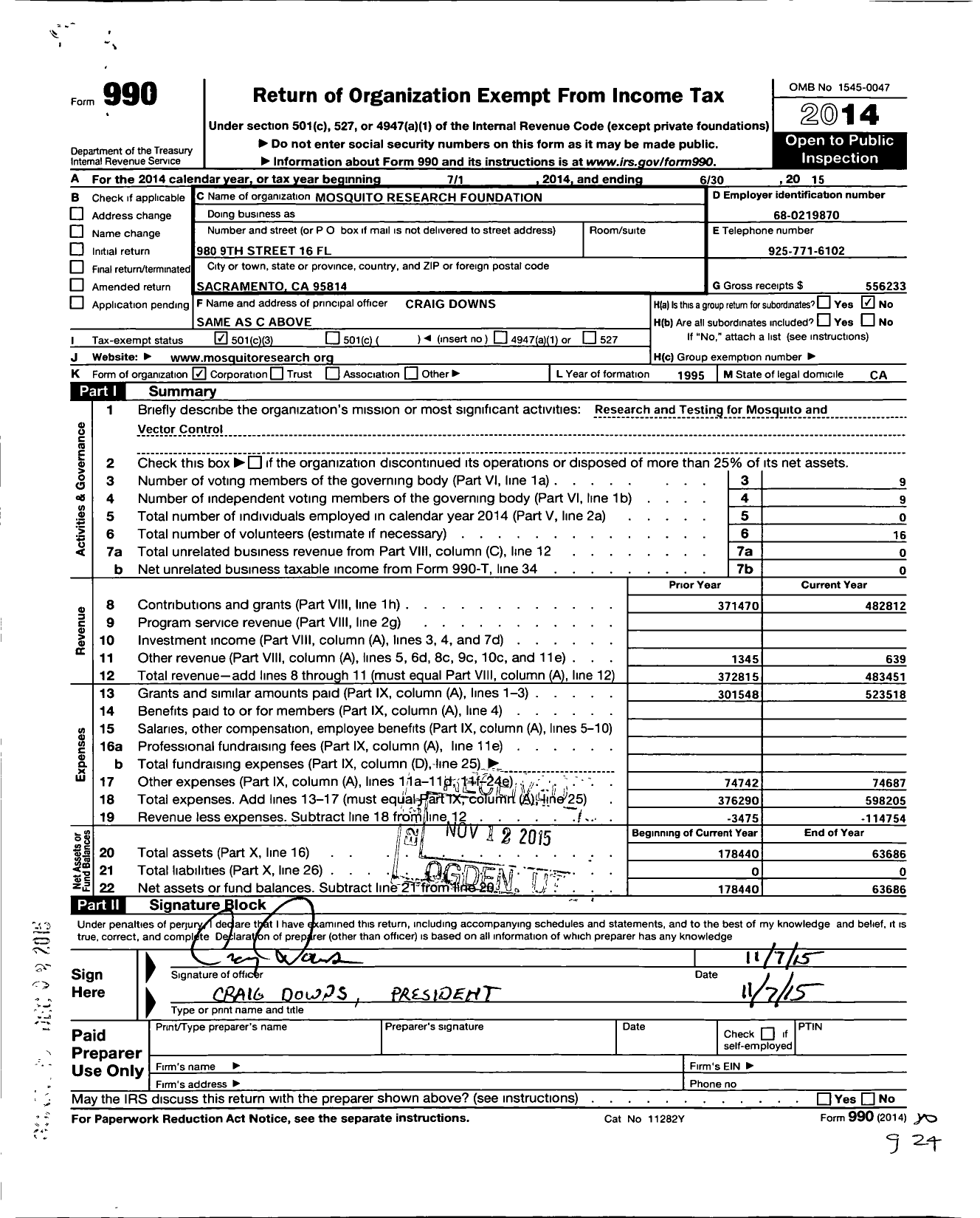 Image of first page of 2014 Form 990 for Mosquito Research Foundation