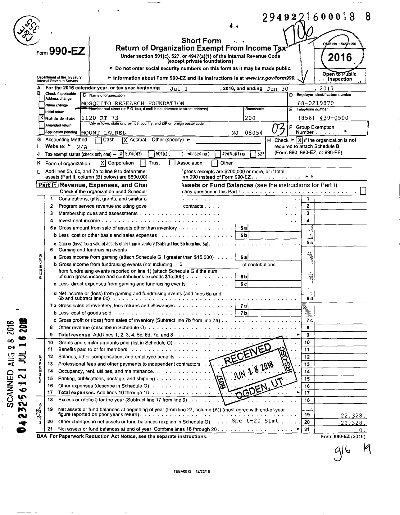 Image of first page of 2016 Form 990EZ for Mosquito Research Foundation