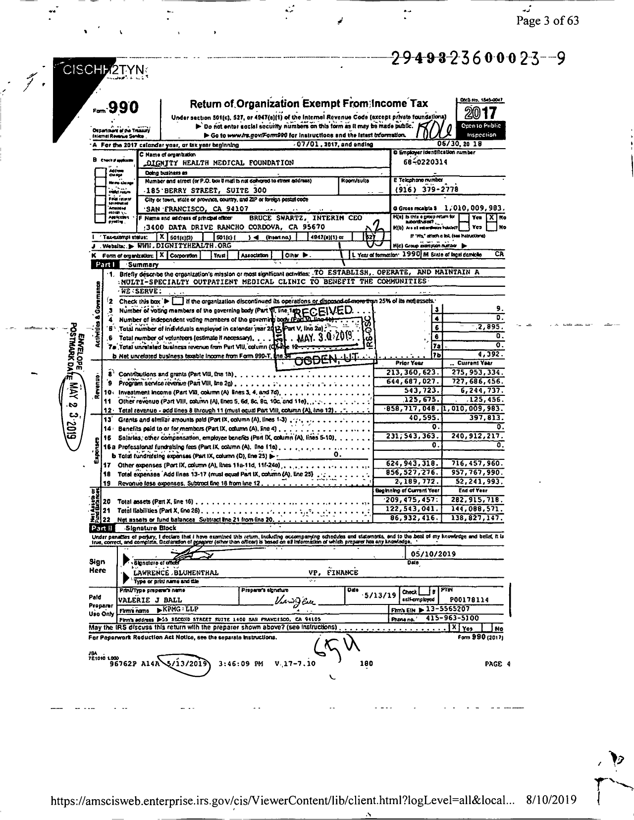 Image of first page of 2017 Form 990 for Dignity Health Medical Foundation