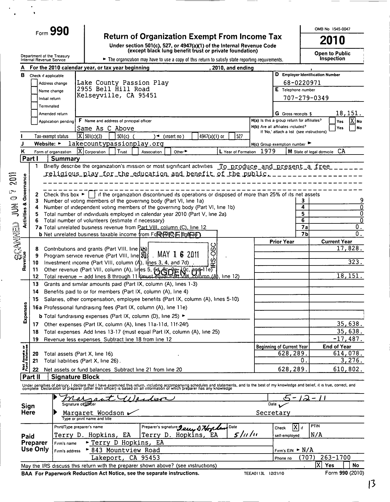 Image of first page of 2010 Form 990 for Lake County Passion Play