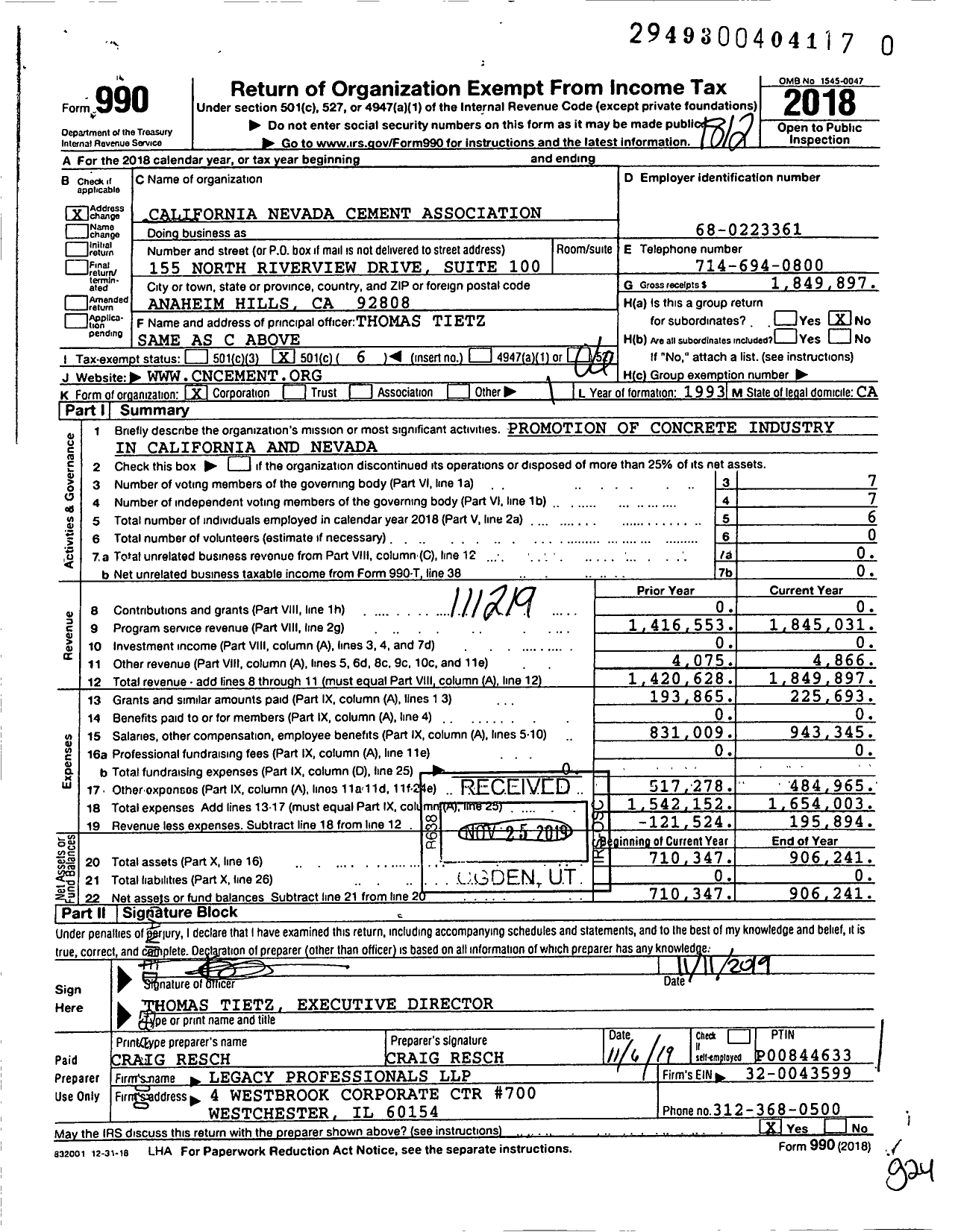 Image of first page of 2018 Form 990O for California Nevada Cement Association