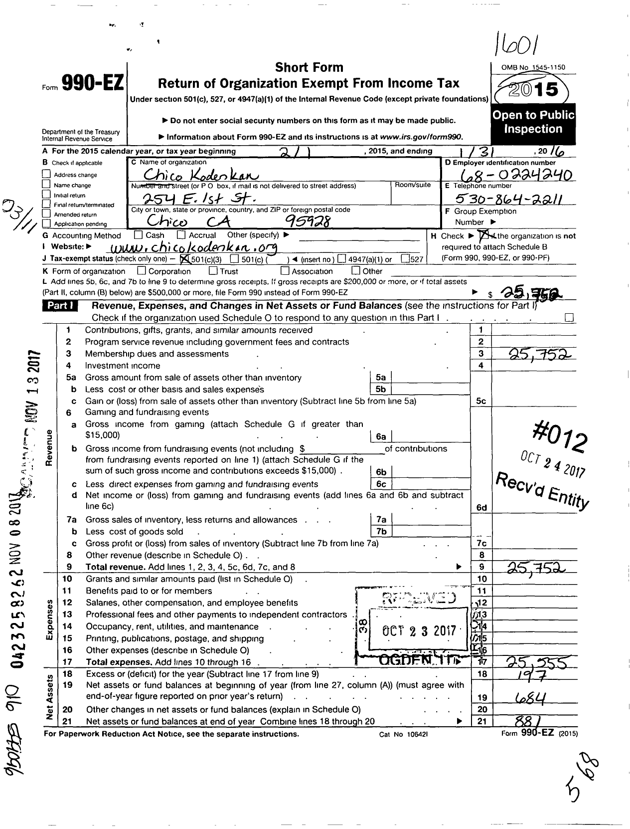 Image of first page of 2015 Form 990EZ for Chico Kodenkan