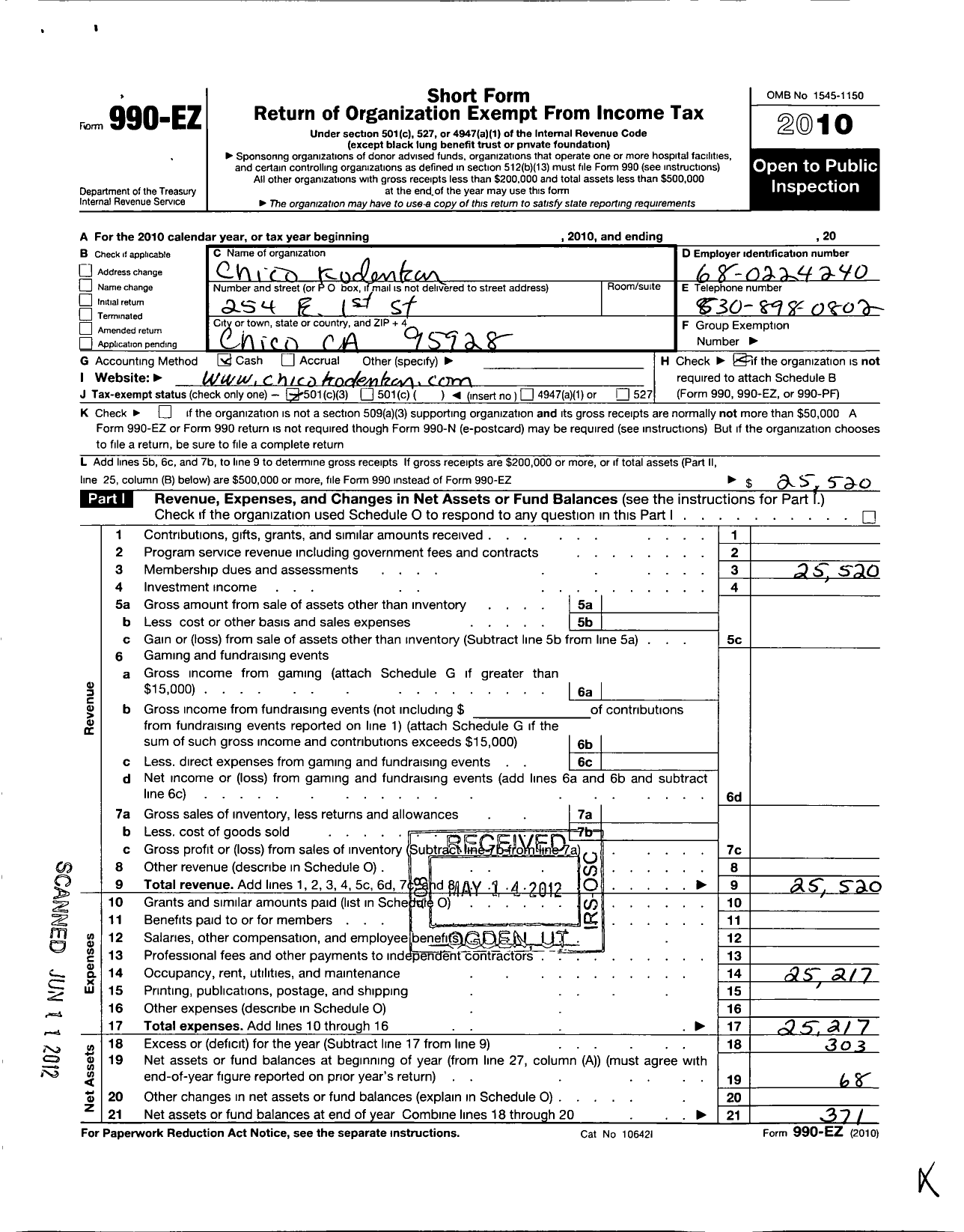 Image of first page of 2010 Form 990EZ for Chico Kodenkan