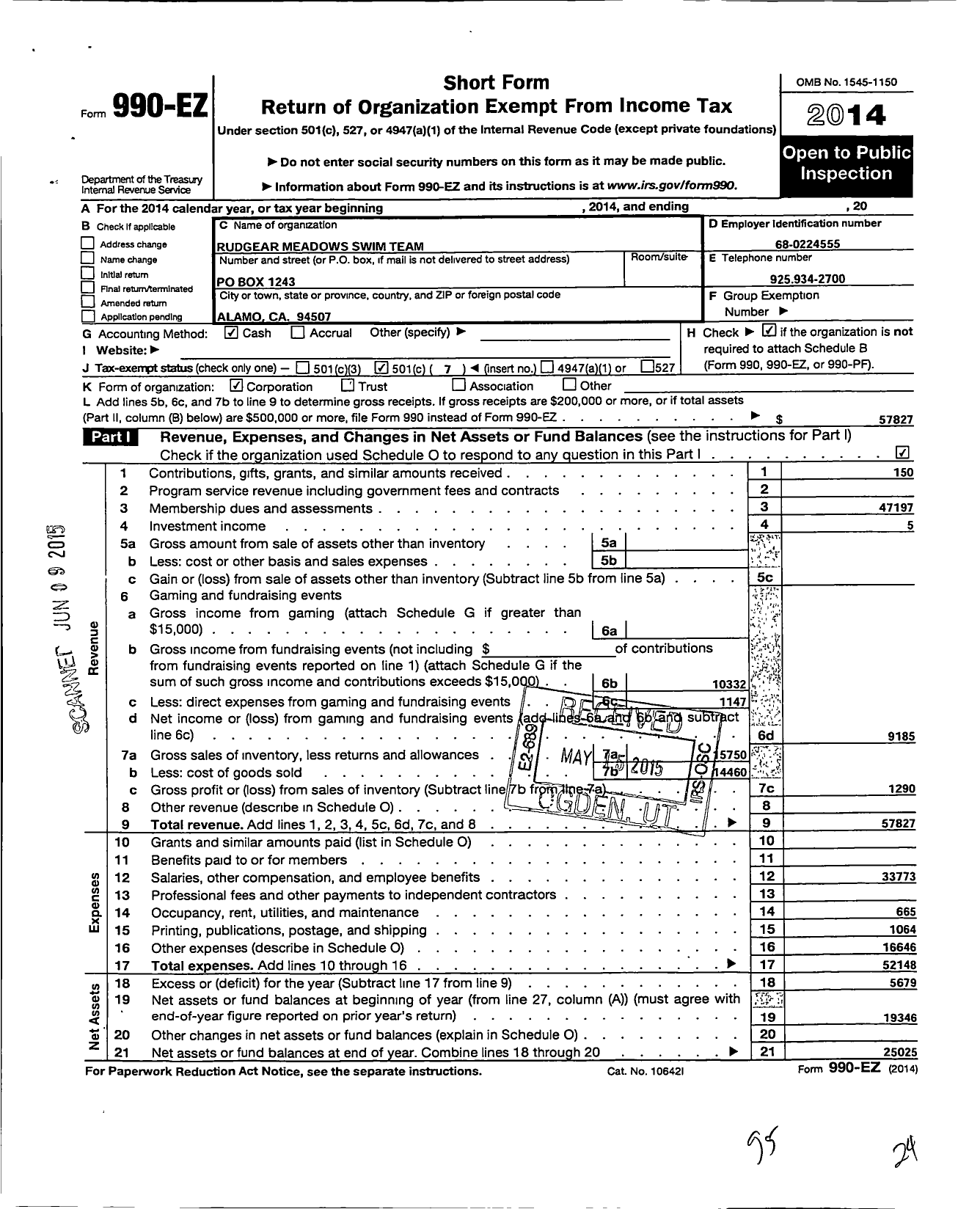 Image of first page of 2014 Form 990EO for Rudgear Meadows Swim Team