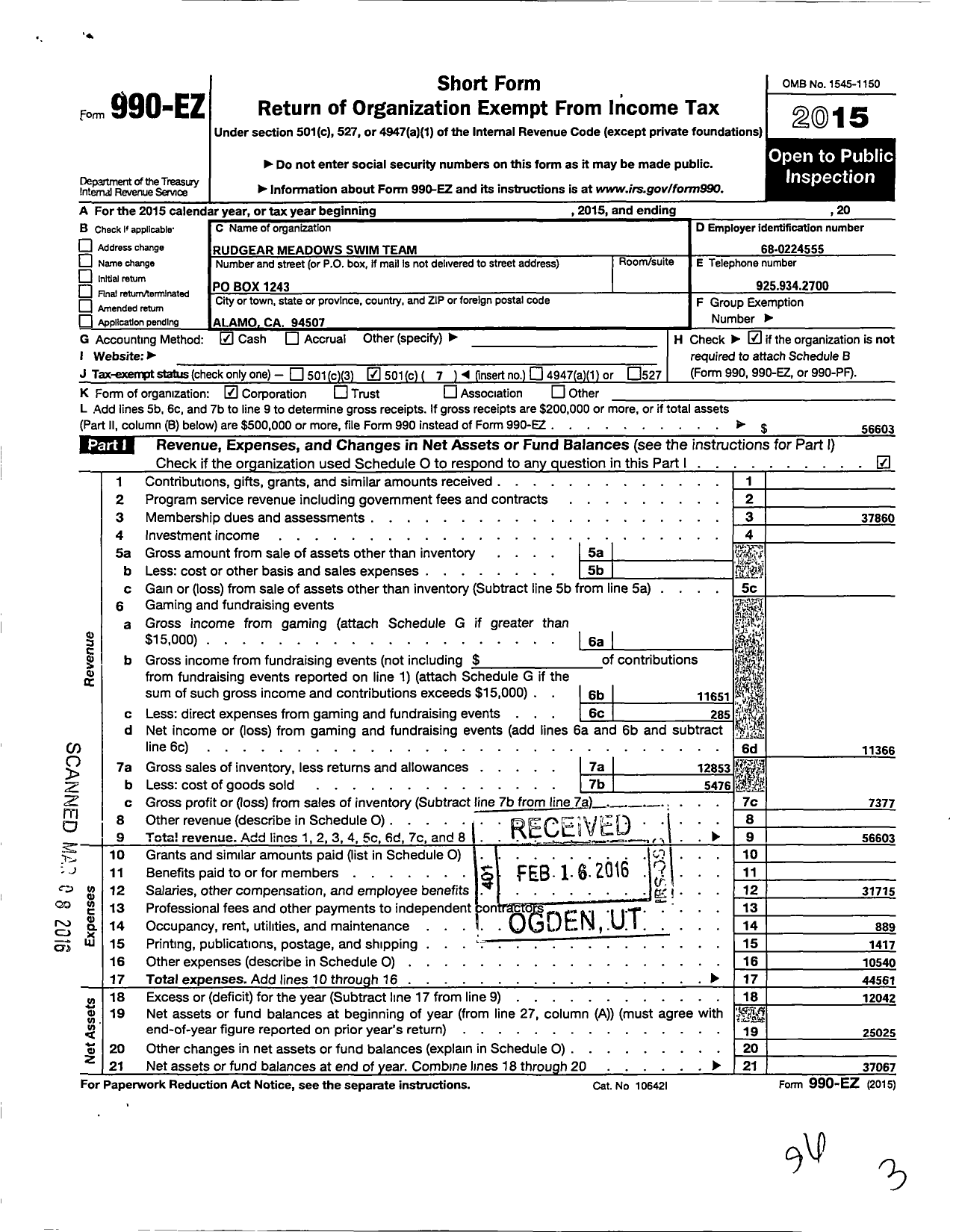 Image of first page of 2015 Form 990EO for Rudgear Meadows Swim Team