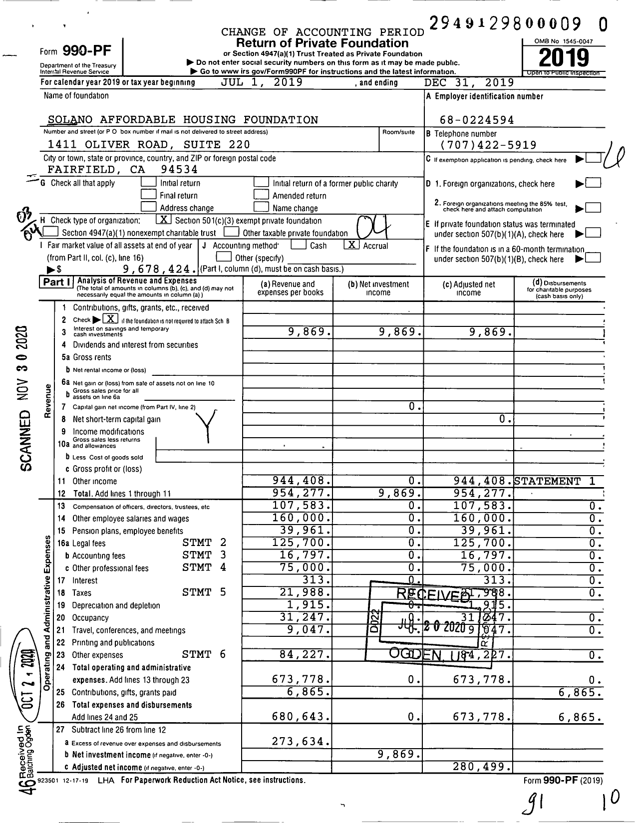 Image of first page of 2019 Form 990PF for Solano Affordable Housing Foundation