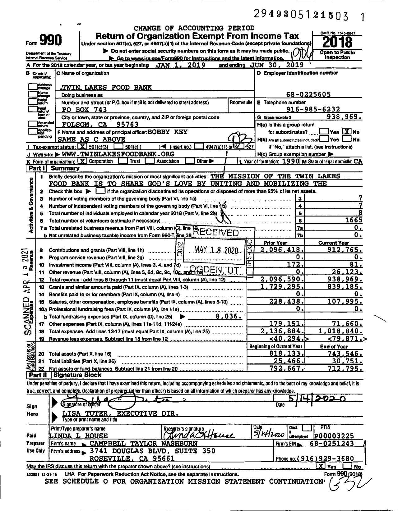 Image of first page of 2018 Form 990 for Twin Lakes Food Bank