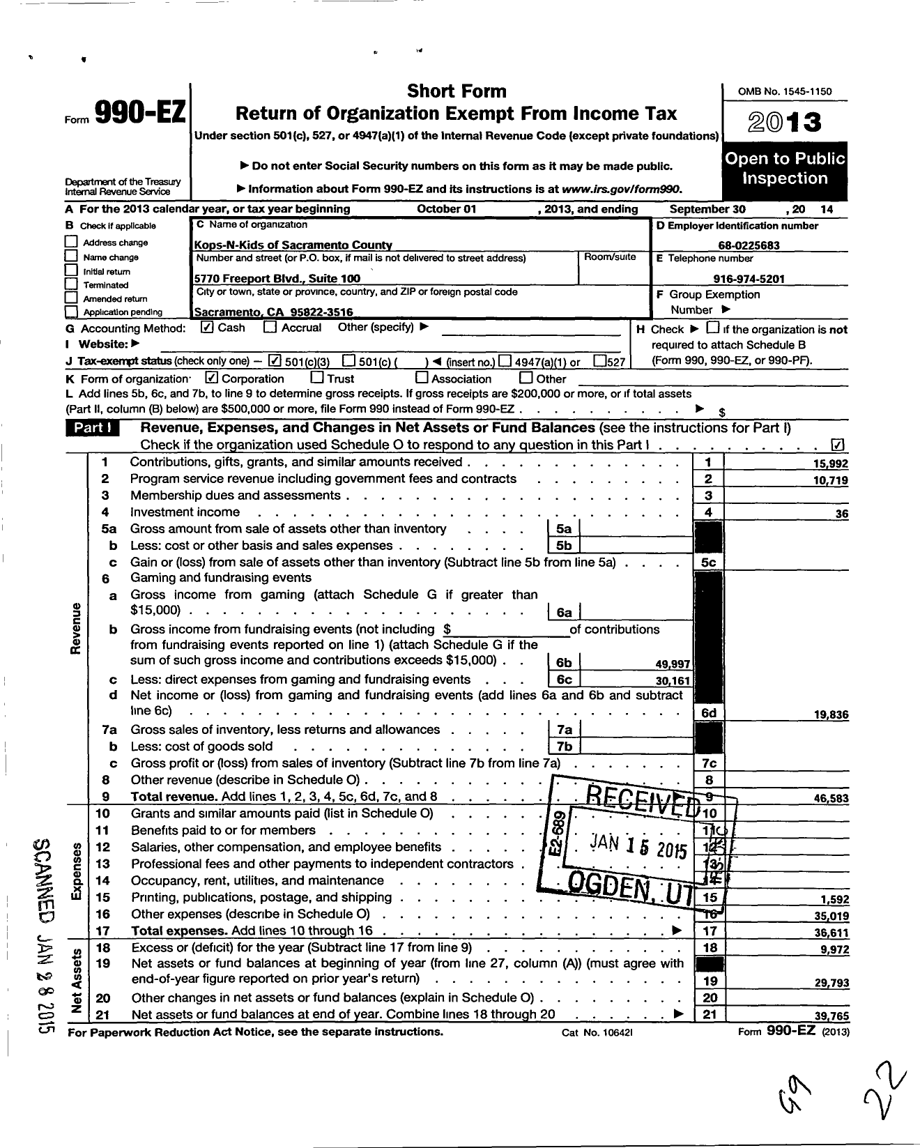 Image of first page of 2013 Form 990EZ for Kops N Kids of Sacramento County