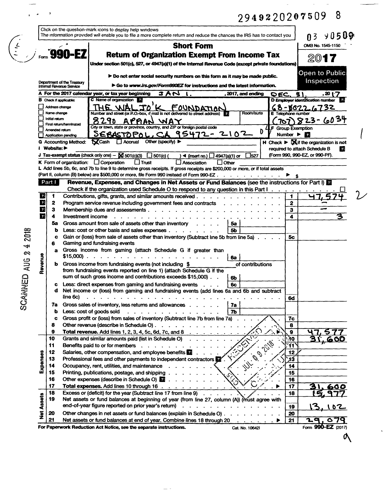 Image of first page of 2017 Form 990EZ for The Waljok Foundation