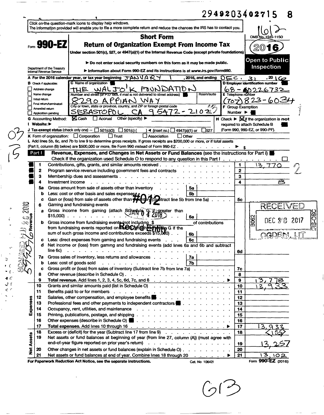 Image of first page of 2016 Form 990EZ for The Waljok Foundation