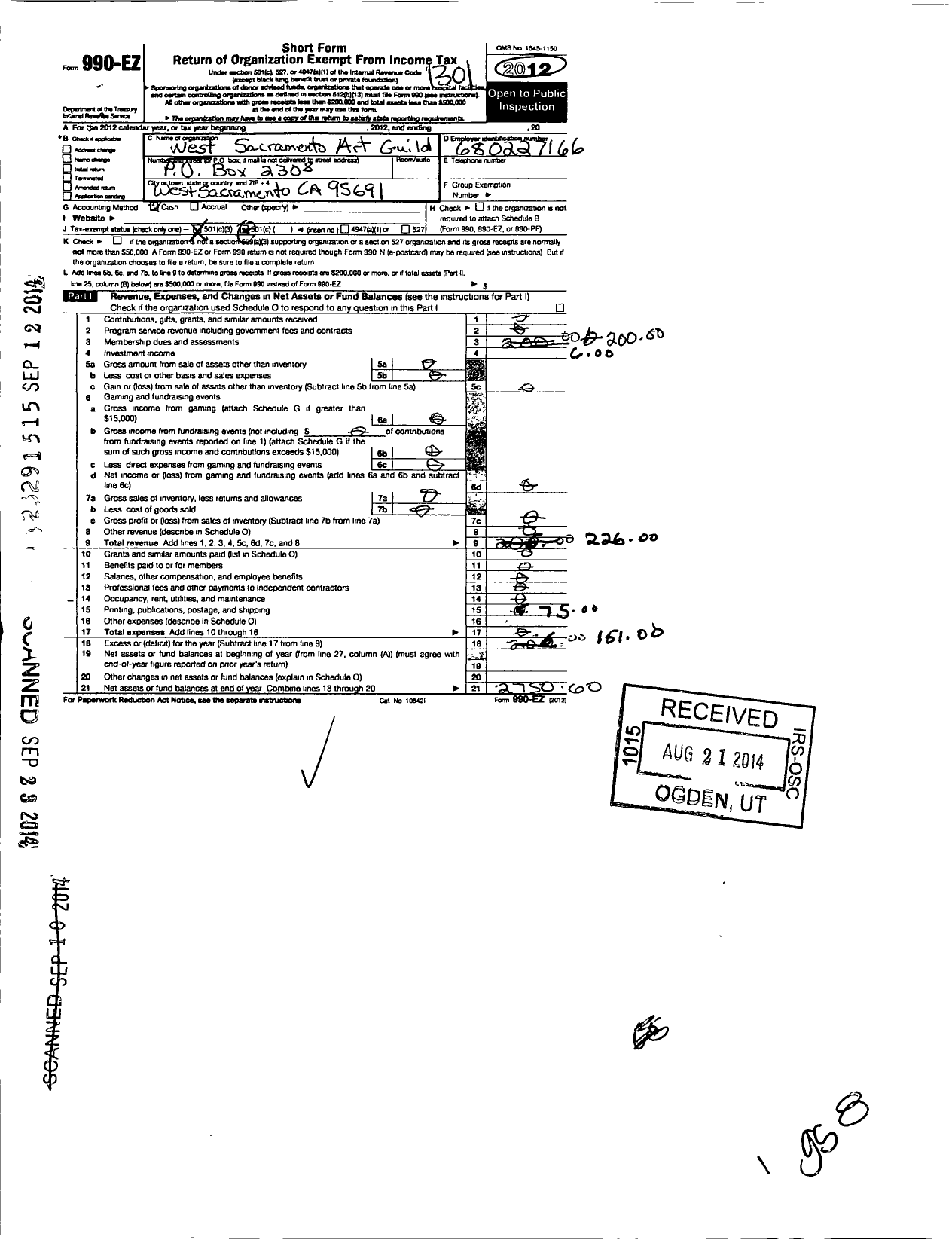 Image of first page of 2012 Form 990EZ for West Sacramento Art Guild