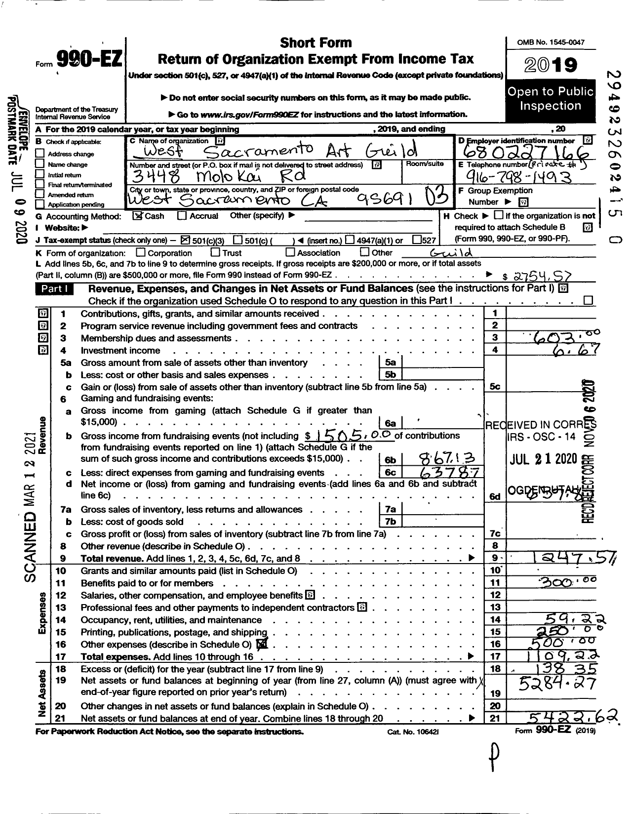 Image of first page of 2019 Form 990EZ for West Sacramento Art Guild