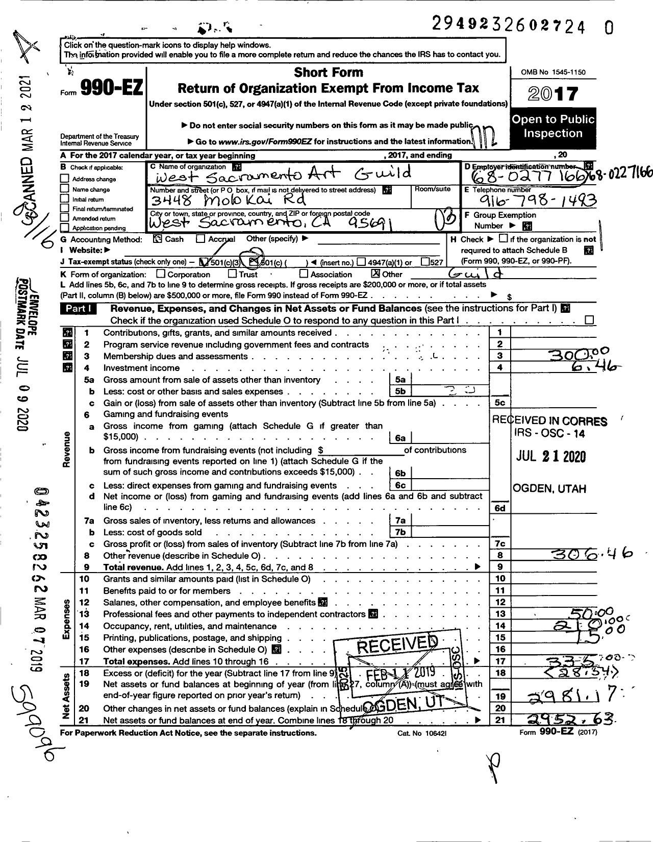 Image of first page of 2017 Form 990EZ for West Sacramento Art Guild