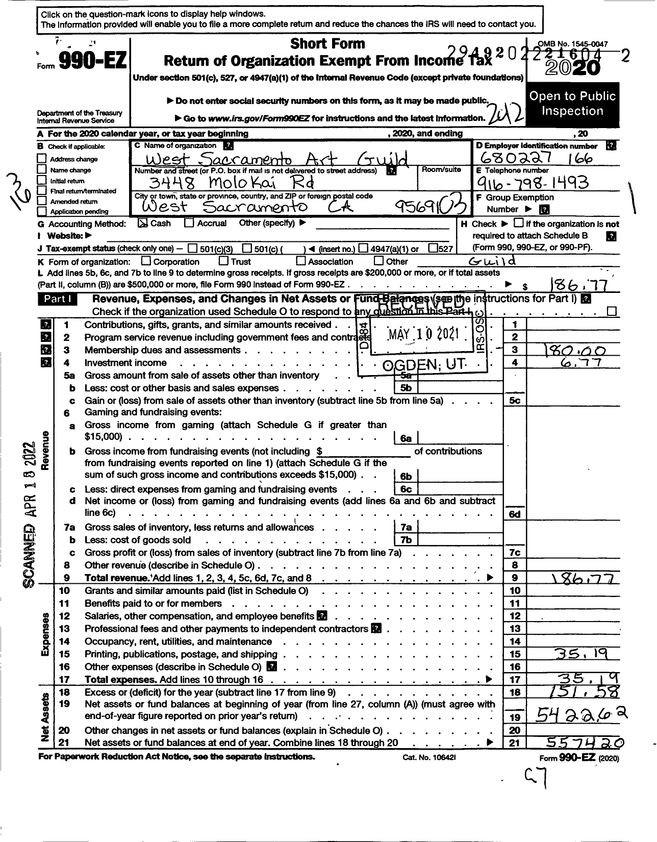 Image of first page of 2020 Form 990EZ for West Sacramento Art Guild