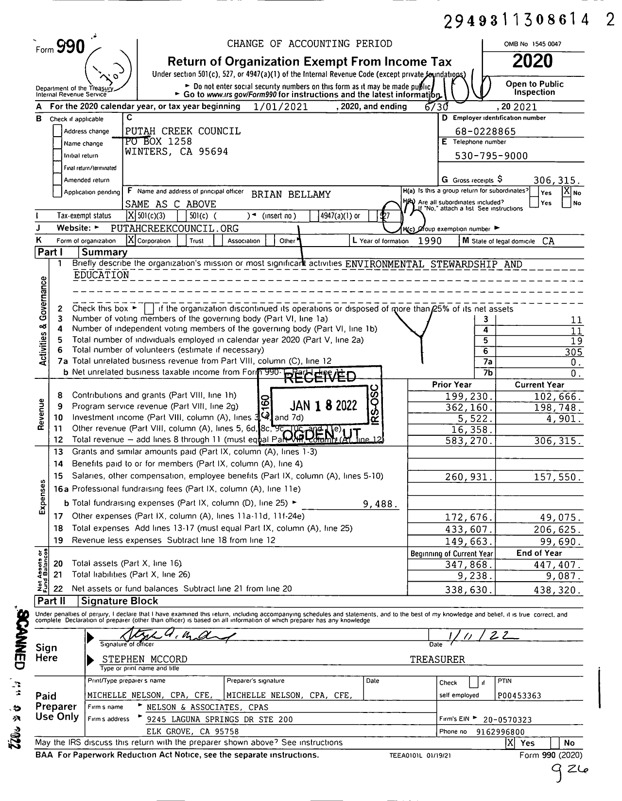 Image of first page of 2020 Form 990 for Putah Creek Council