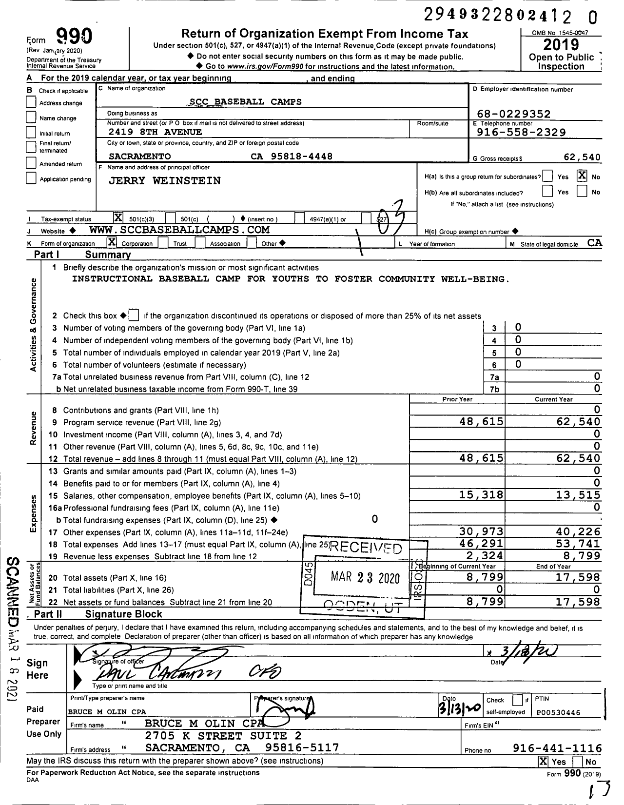 Image of first page of 2019 Form 990 for SCC Baseball Camps